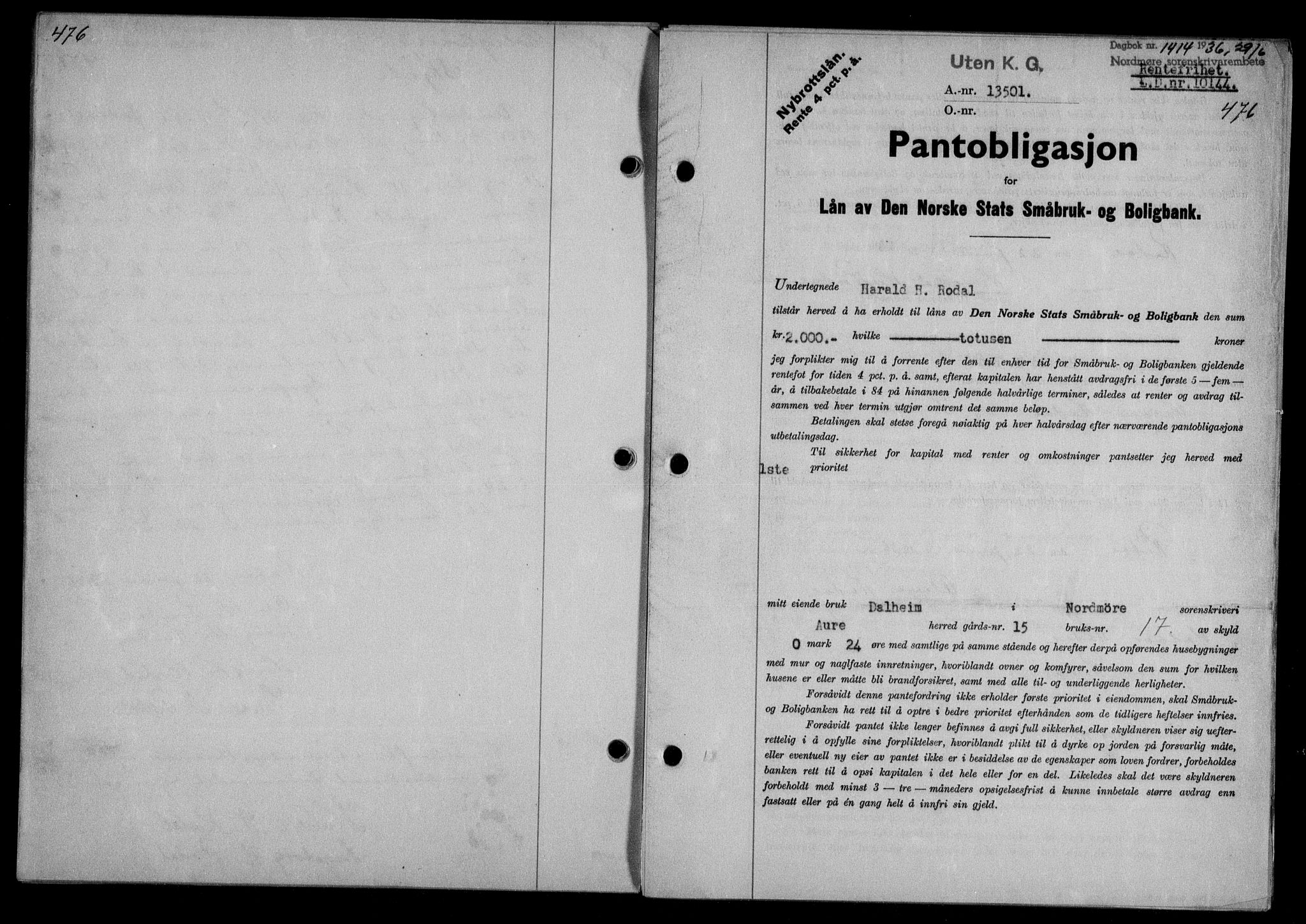 Nordmøre sorenskriveri, AV/SAT-A-4132/1/2/2Ca/L0088: Mortgage book no. 78, 1936-1936, Diary no: : 1414/1936