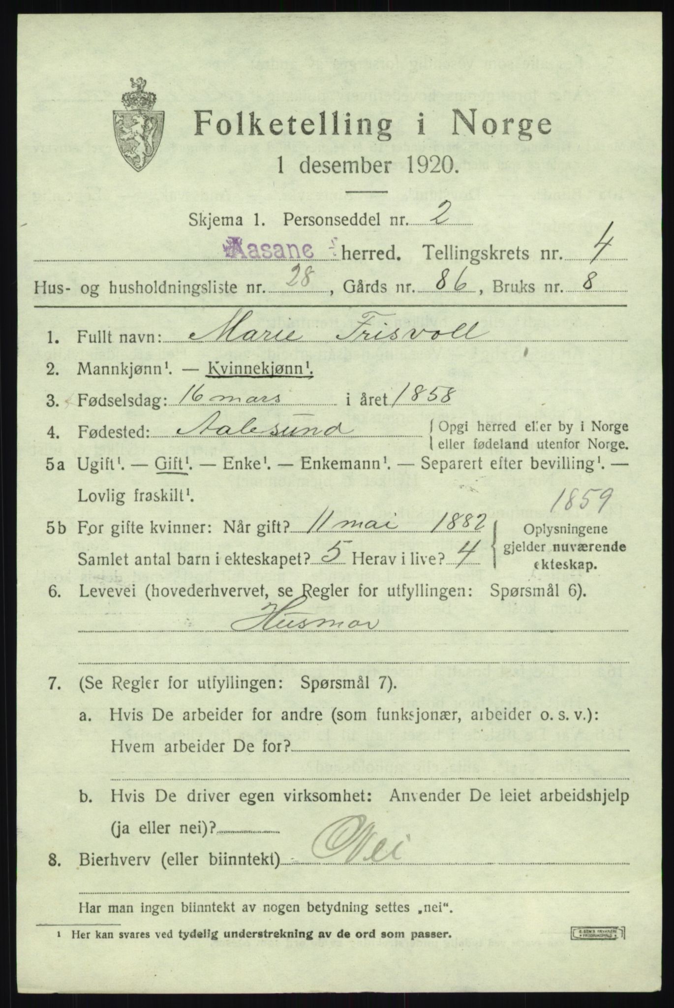 SAB, 1920 census for Åsane, 1920, p. 2835