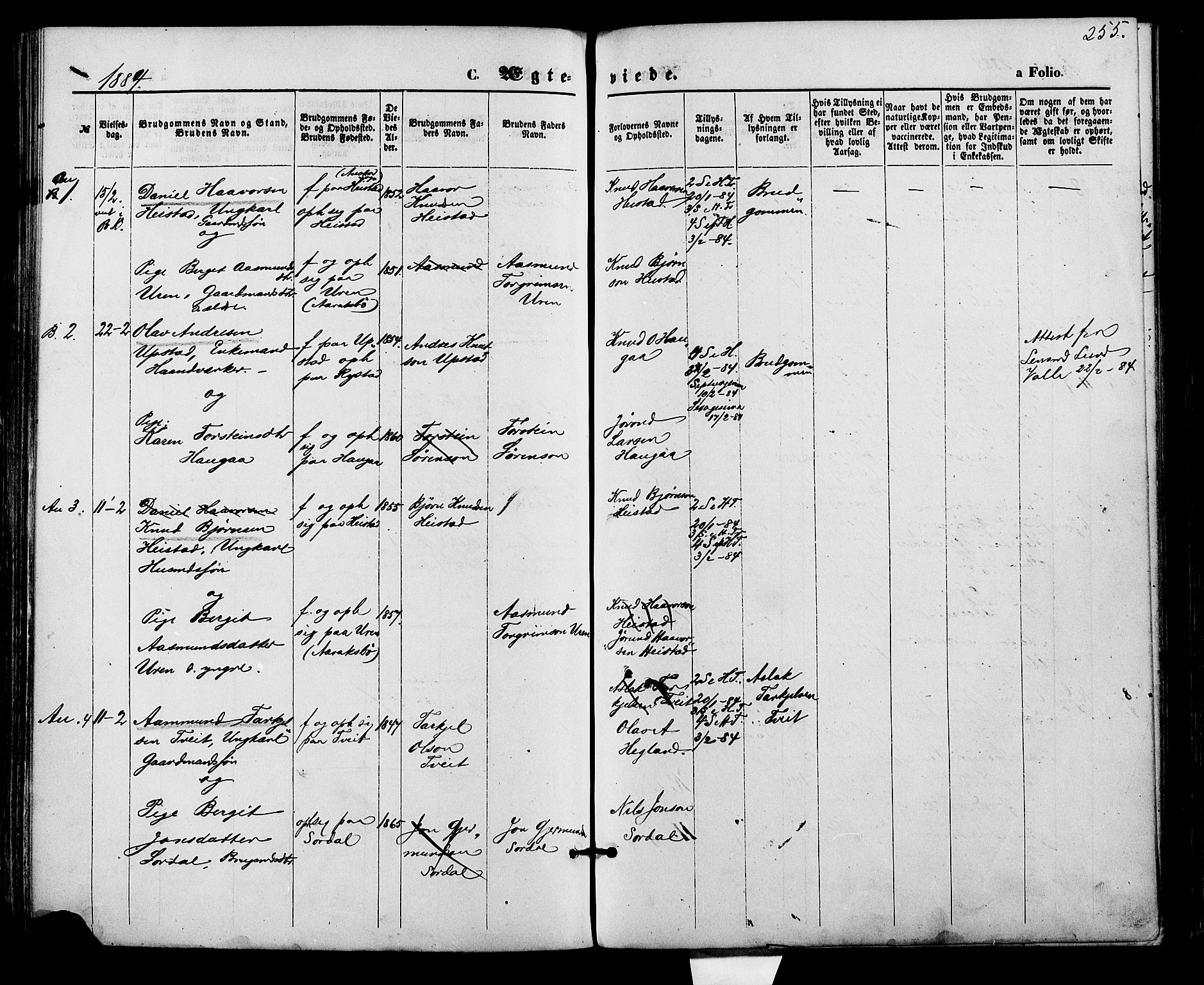 Bygland sokneprestkontor, AV/SAK-1111-0006/F/Fa/Fab/L0006: Parish register (official) no. A 6, 1873-1884, p. 255