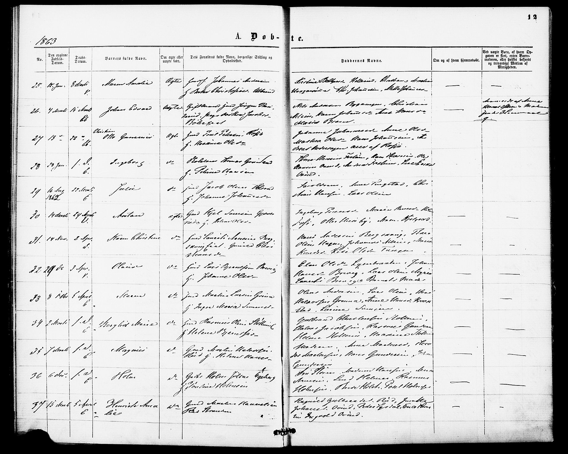 Enebakk prestekontor Kirkebøker, AV/SAO-A-10171c/F/Fa/L0011: Parish register (official) no. I 11, 1862-1882, p. 12