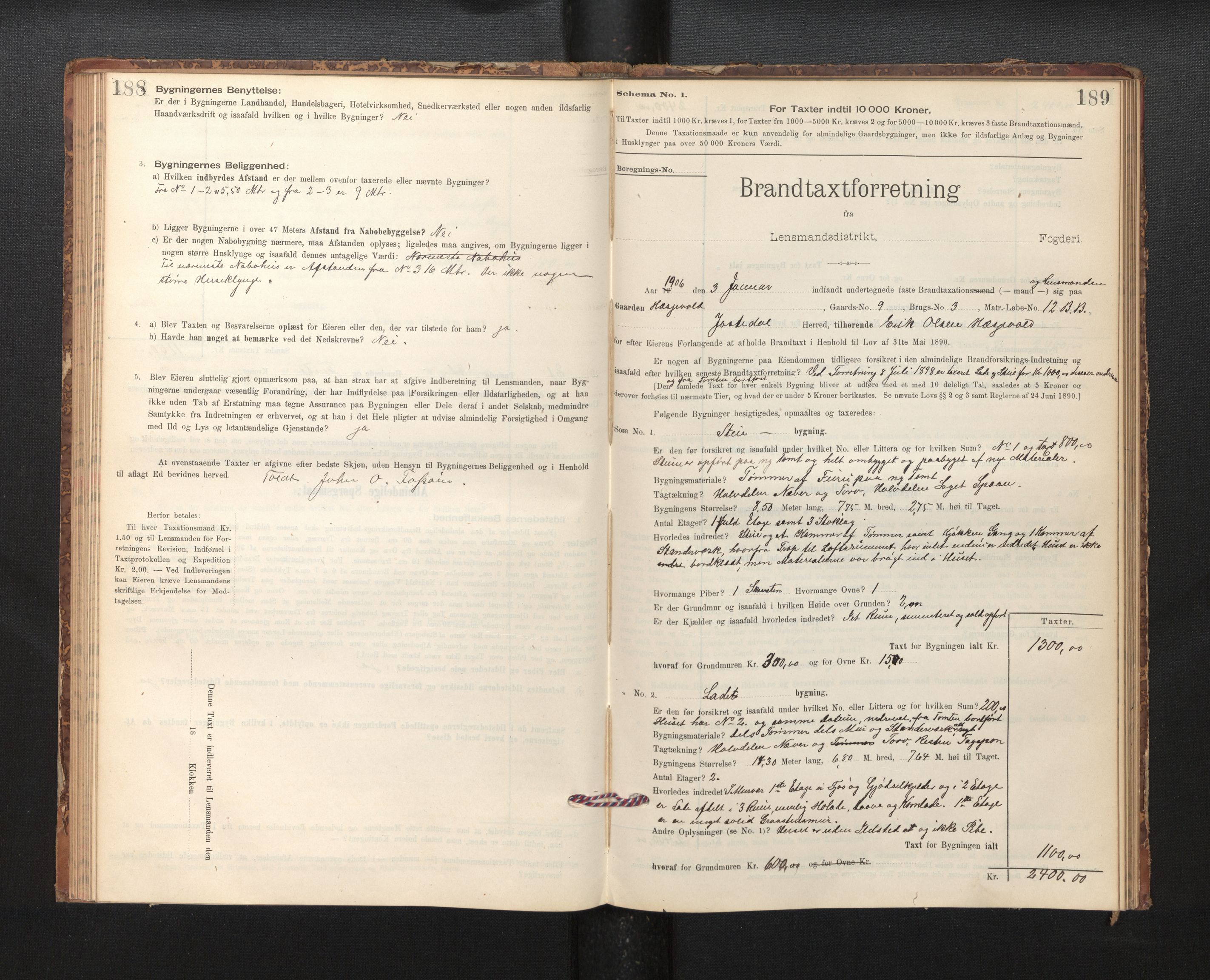 Lensmannen i Jostedal, SAB/A-28601/0012/L0003: Branntakstprotokoll, skjematakst, 1895-1906, p. 188-189