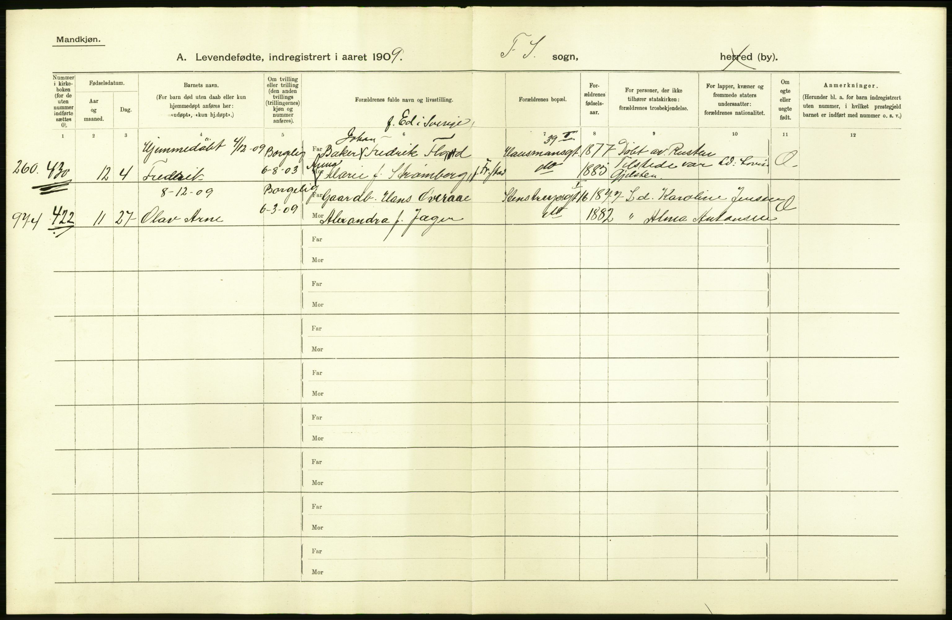 Statistisk sentralbyrå, Sosiodemografiske emner, Befolkning, AV/RA-S-2228/D/Df/Dfa/Dfag/L0006: Kristiania: Levendefødte menn og kvinner., 1909, p. 10