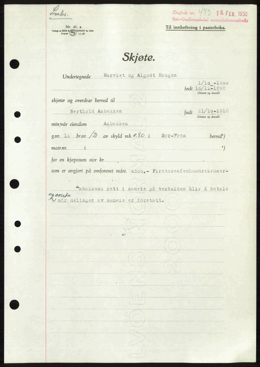 Sør-Gudbrandsdal tingrett, AV/SAH-TING-004/H/Hb/Hbd/L0027: Mortgage book no. A27, 1949-1950, Diary no: : 473/1950