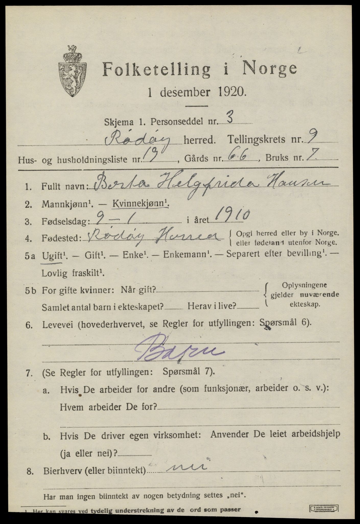 SAT, 1920 census for Rødøy, 1920, p. 5332