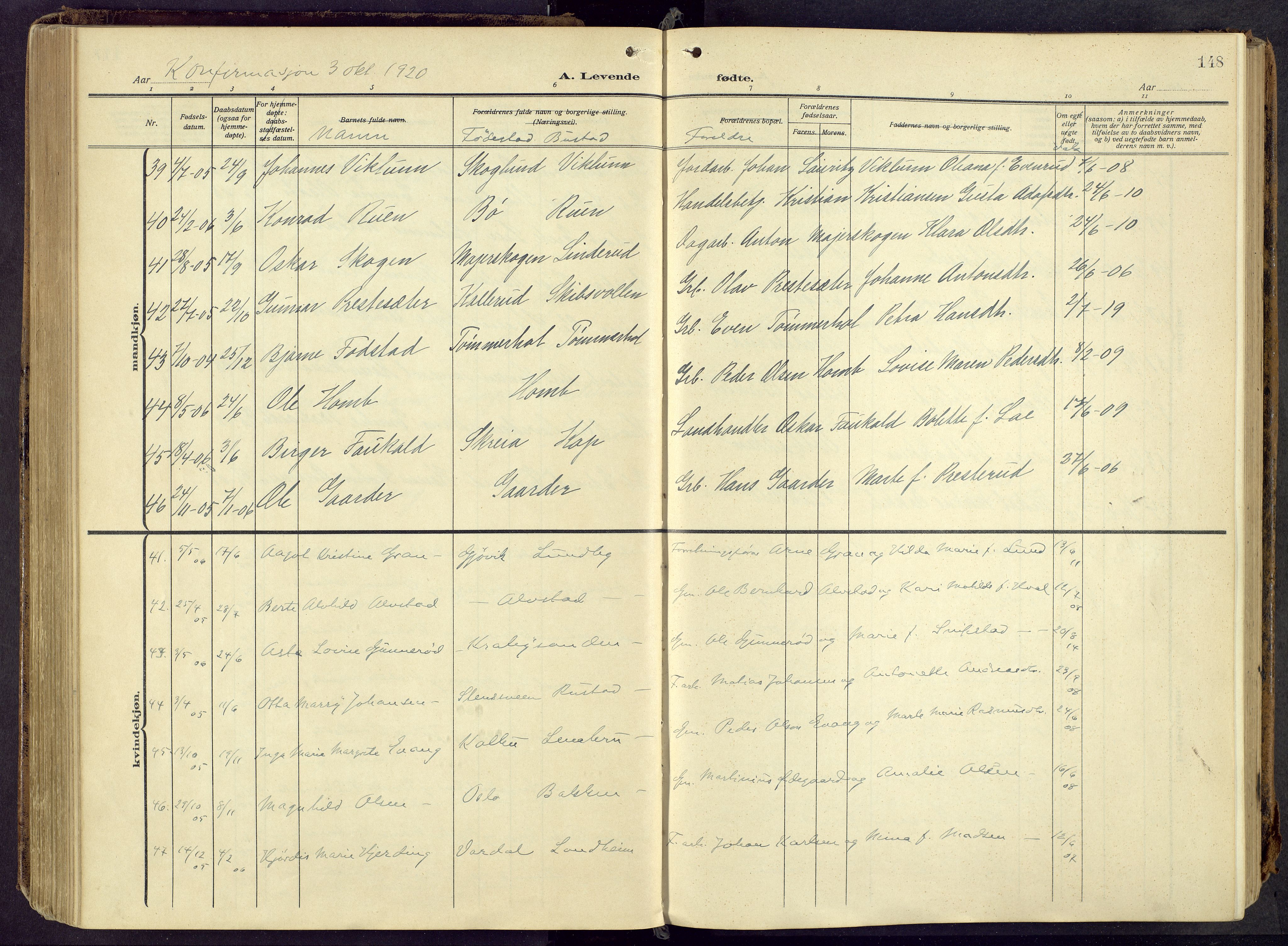 Østre Toten prestekontor, AV/SAH-PREST-104/H/Ha/Haa/L0010: Parish register (official) no. 10, 1910-1920, p. 148