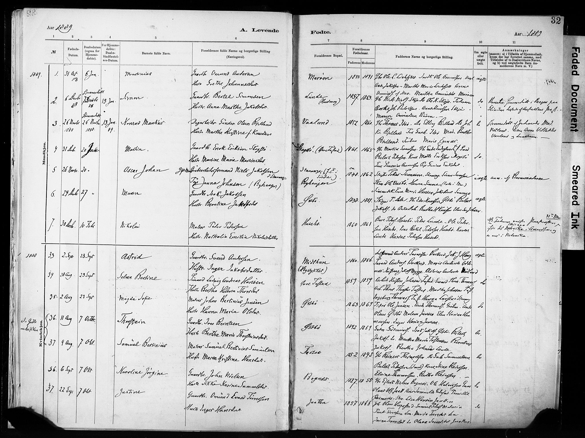 Hetland sokneprestkontor, SAST/A-101826/30/30BA/L0011: Parish register (official) no. A 11, 1884-1911, p. 32