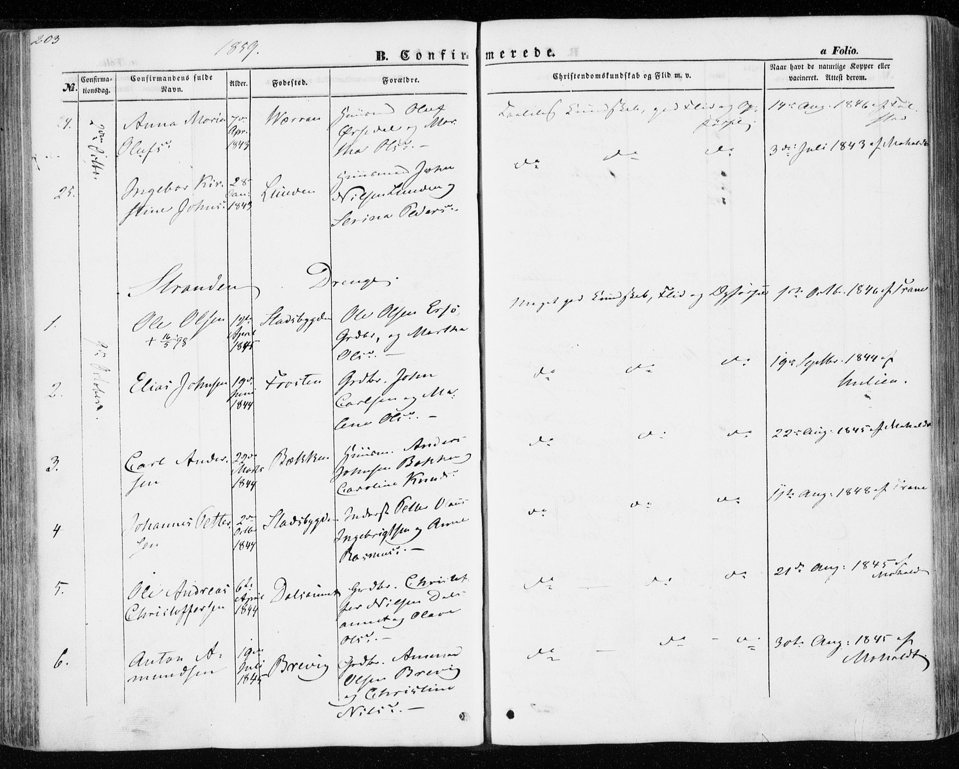 Ministerialprotokoller, klokkerbøker og fødselsregistre - Nord-Trøndelag, SAT/A-1458/701/L0008: Parish register (official) no. 701A08 /1, 1854-1863, p. 203
