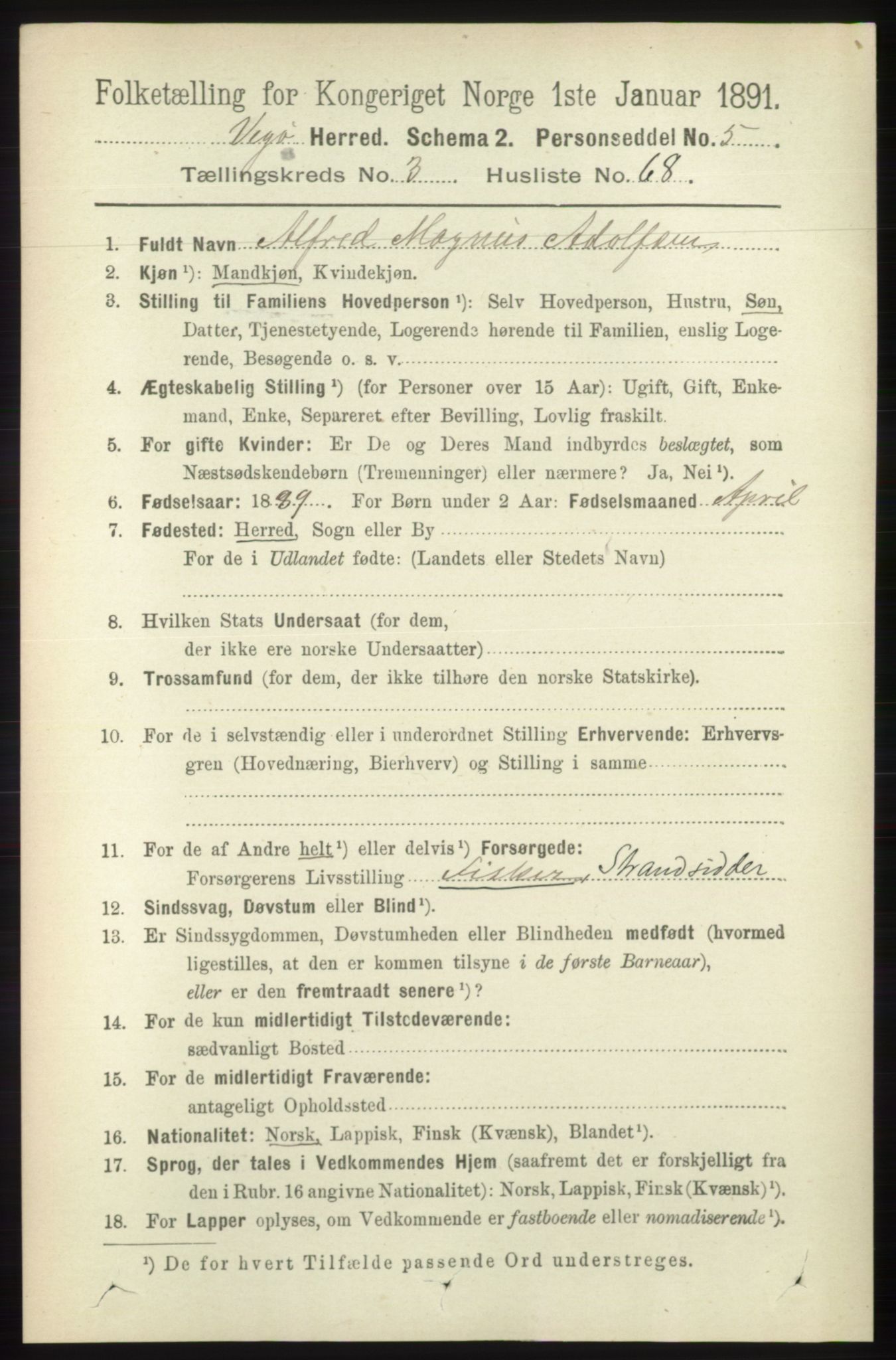 RA, 1891 census for 1815 Vega, 1891, p. 1357