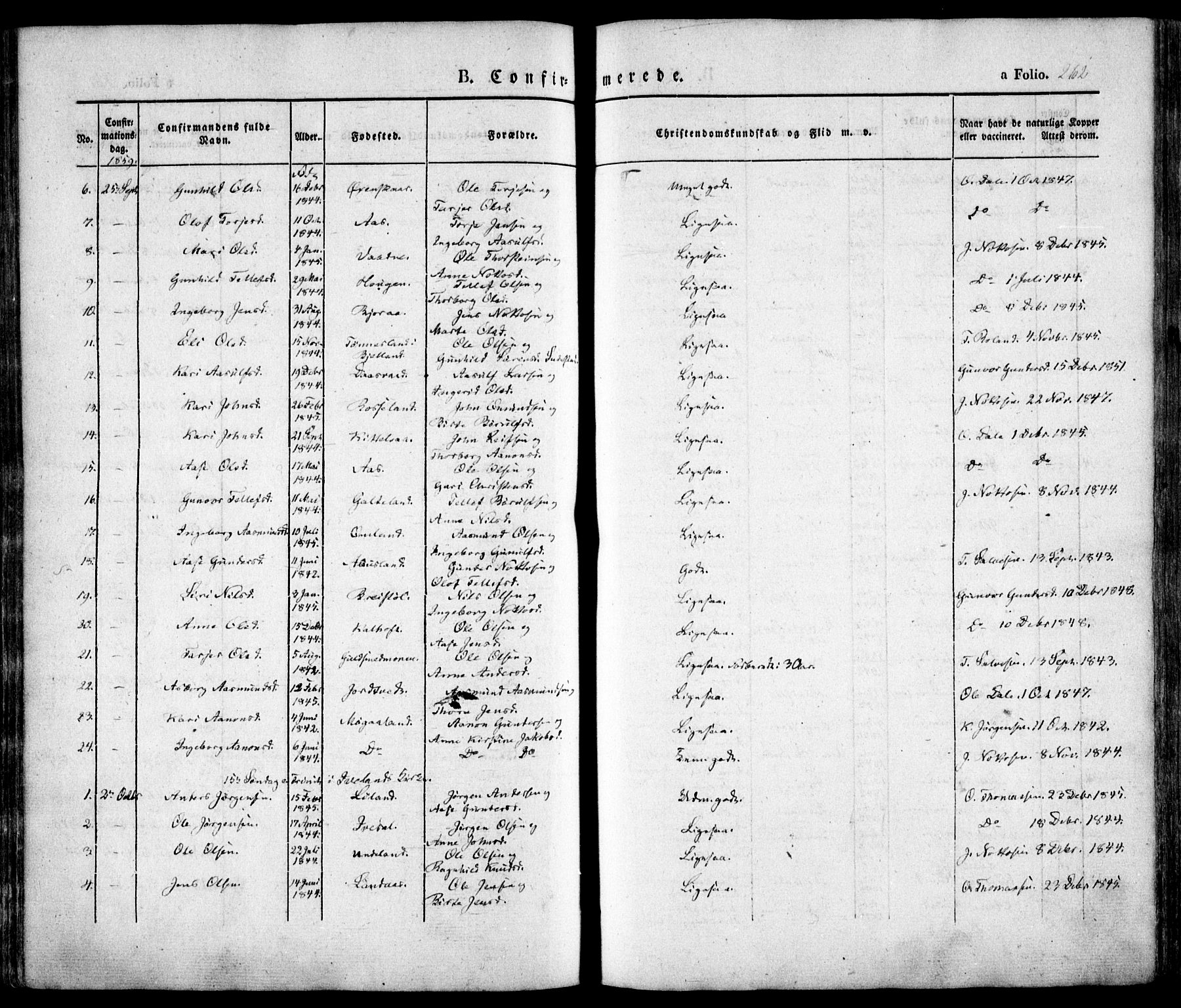 Evje sokneprestkontor, AV/SAK-1111-0008/F/Fa/Faa/L0005: Parish register (official) no. A 5, 1843-1865, p. 262