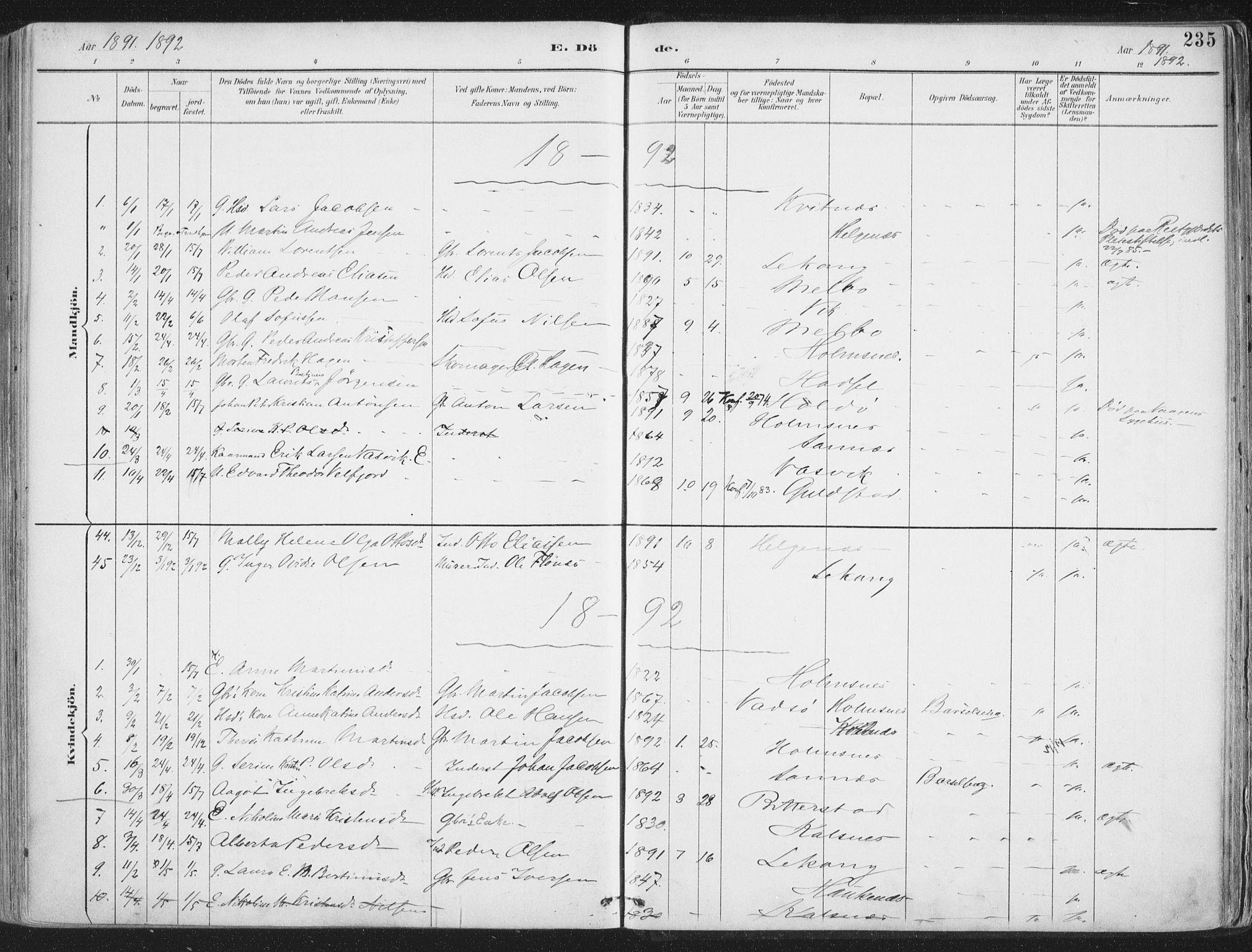 Ministerialprotokoller, klokkerbøker og fødselsregistre - Nordland, SAT/A-1459/888/L1246: Parish register (official) no. 888A12, 1891-1903, p. 235