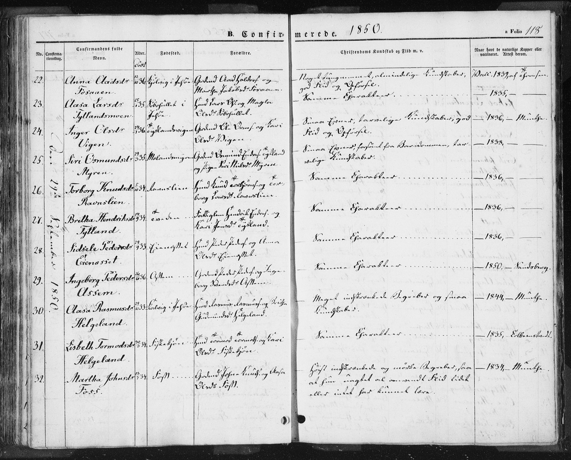 Hjelmeland sokneprestkontor, AV/SAST-A-101843/01/IV/L0009: Parish register (official) no. A 9, 1846-1860, p. 118