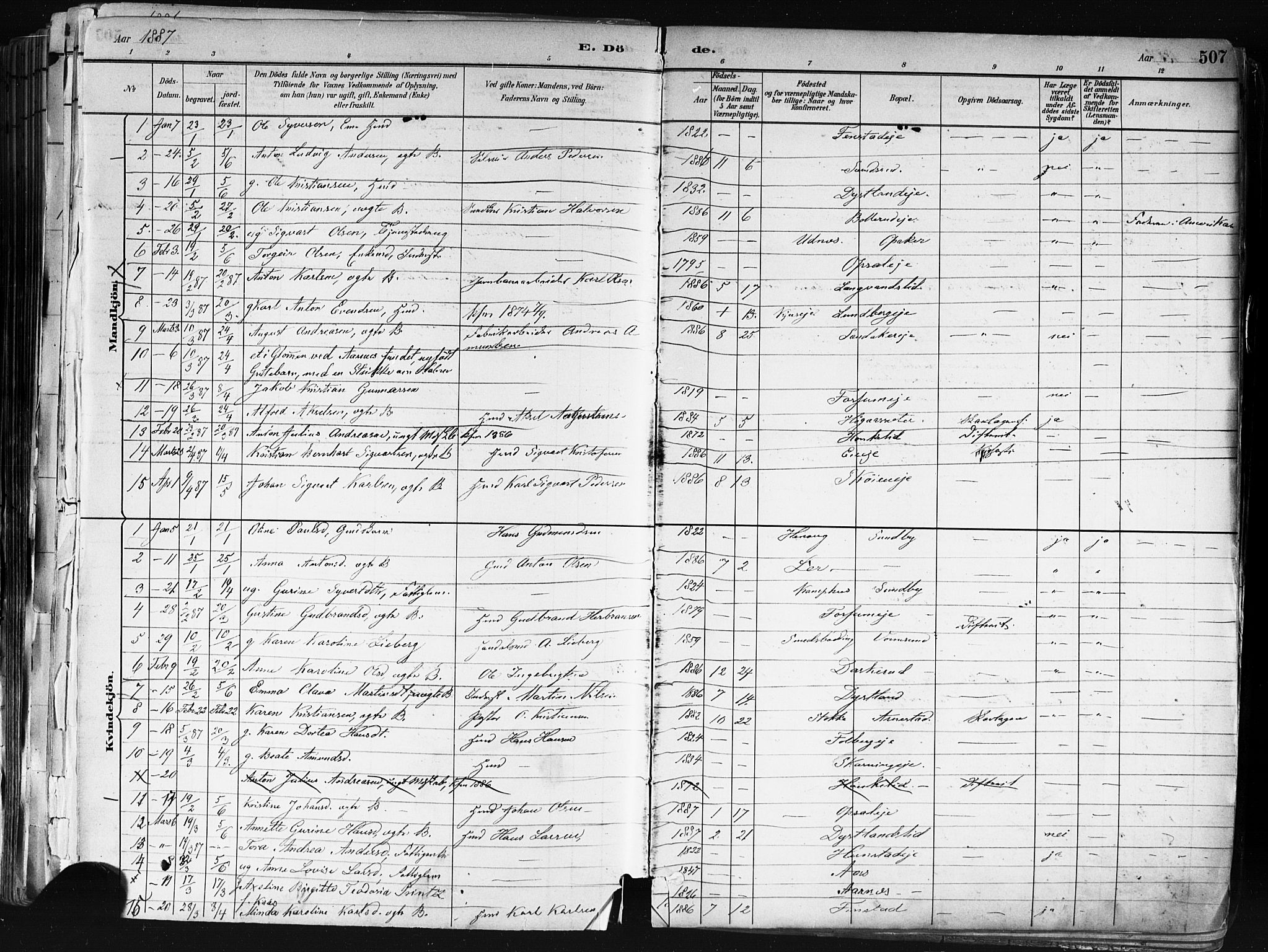 Nes prestekontor Kirkebøker, SAO/A-10410/F/Fa/L0010: Parish register (official) no. I 10, 1883-1898, p. 507