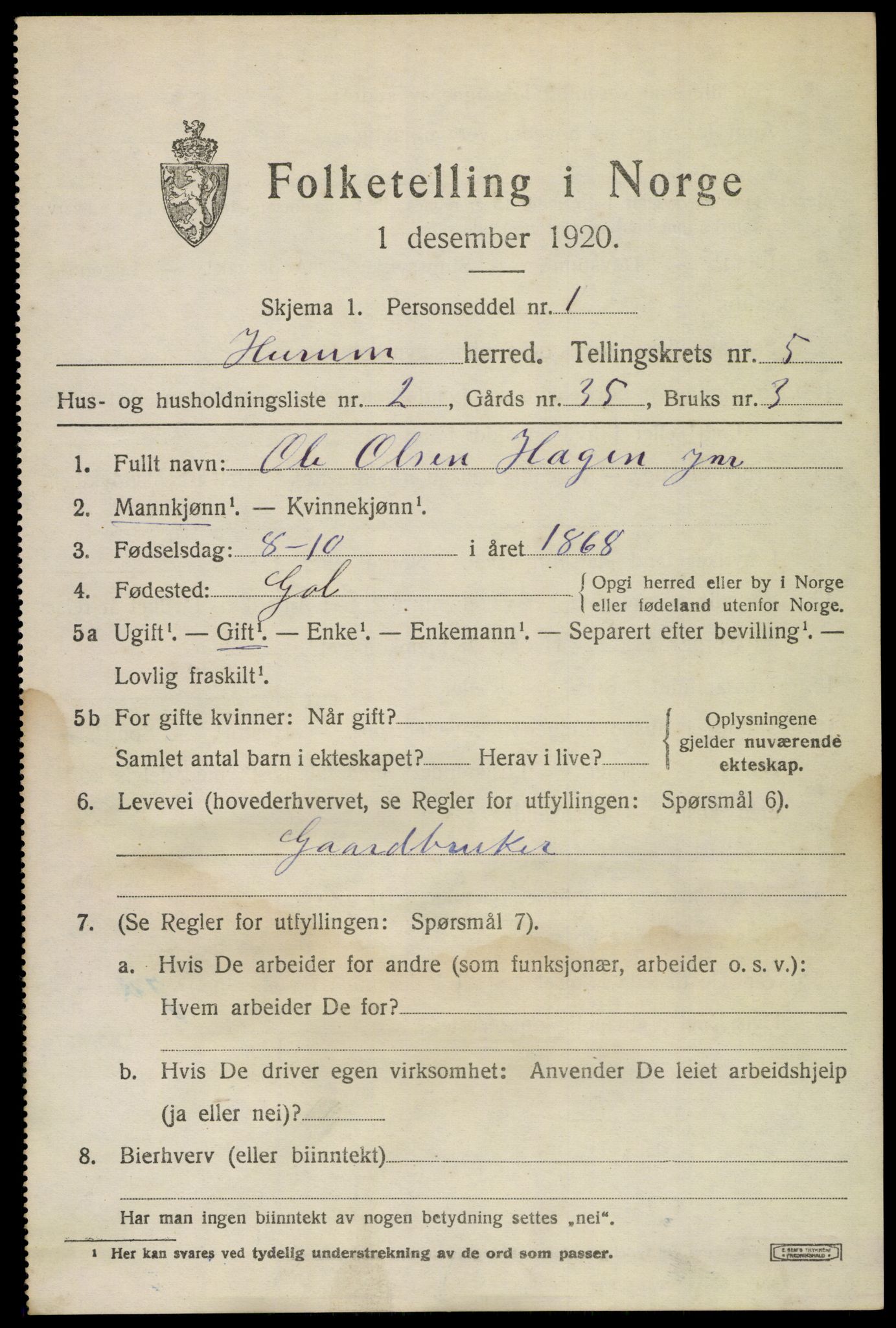 SAKO, 1920 census for Hurum, 1920, p. 6112