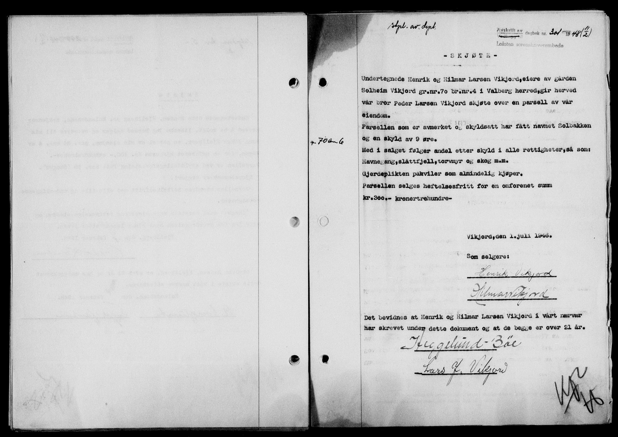 Lofoten sorenskriveri, SAT/A-0017/1/2/2C/L0017a: Mortgage book no. 17a, 1947-1948, Diary no: : 301/1948