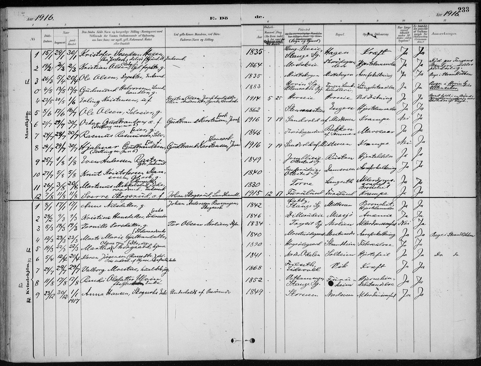 Stange prestekontor, SAH/PREST-002/K/L0023: Parish register (official) no. 23, 1897-1920, p. 233