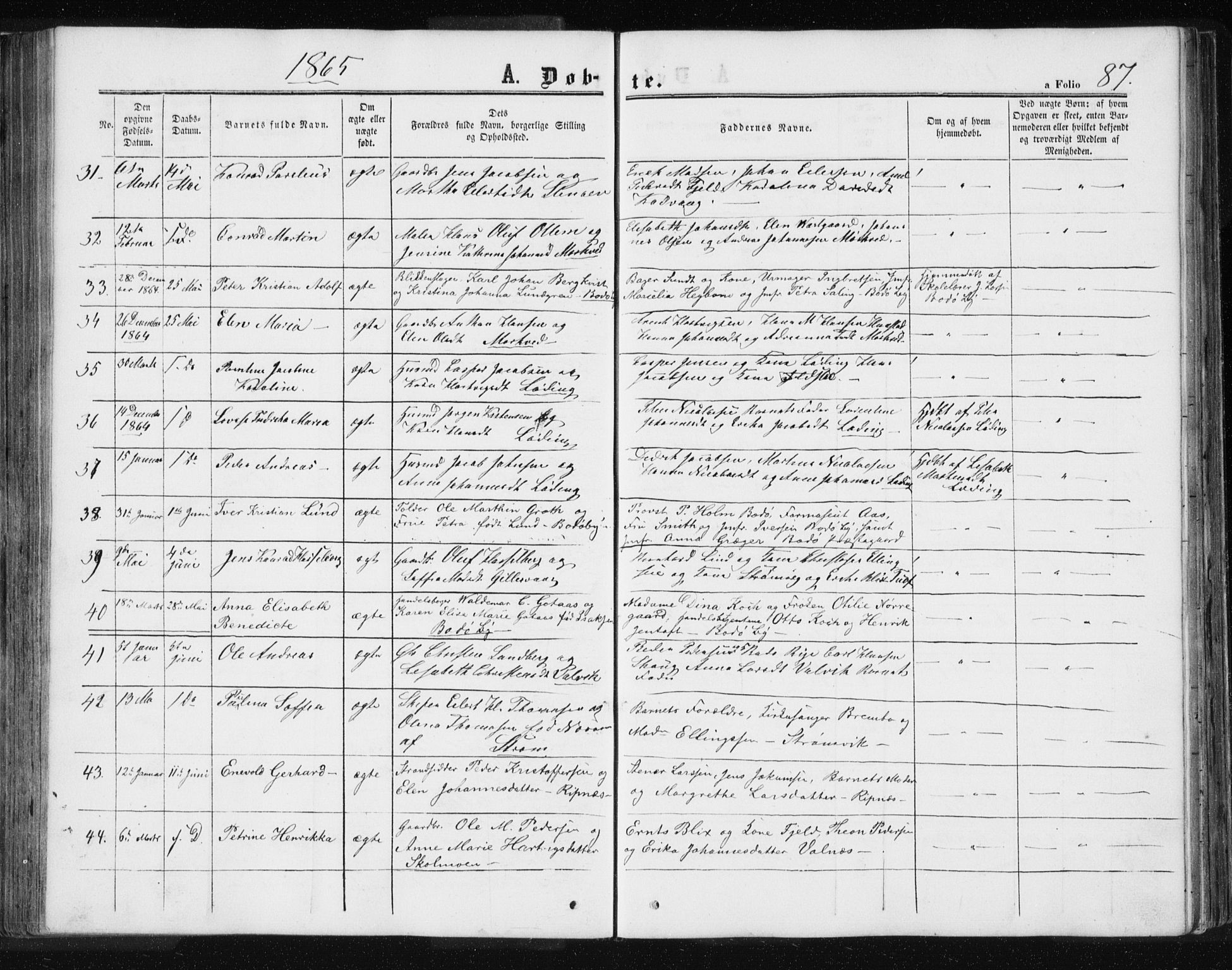 Ministerialprotokoller, klokkerbøker og fødselsregistre - Nordland, SAT/A-1459/801/L0028: Parish register (copy) no. 801C03, 1855-1867, p. 87