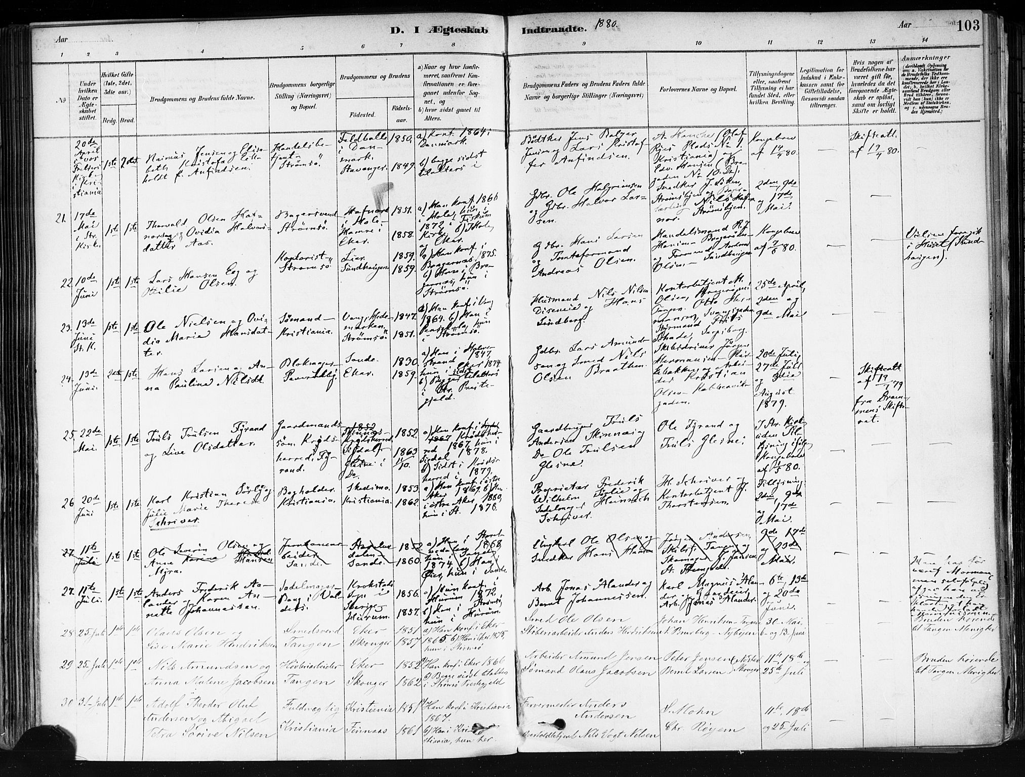 Strømsø kirkebøker, AV/SAKO-A-246/F/Fa/L0022: Parish register (official) no. I 22, 1879-1899, p. 103