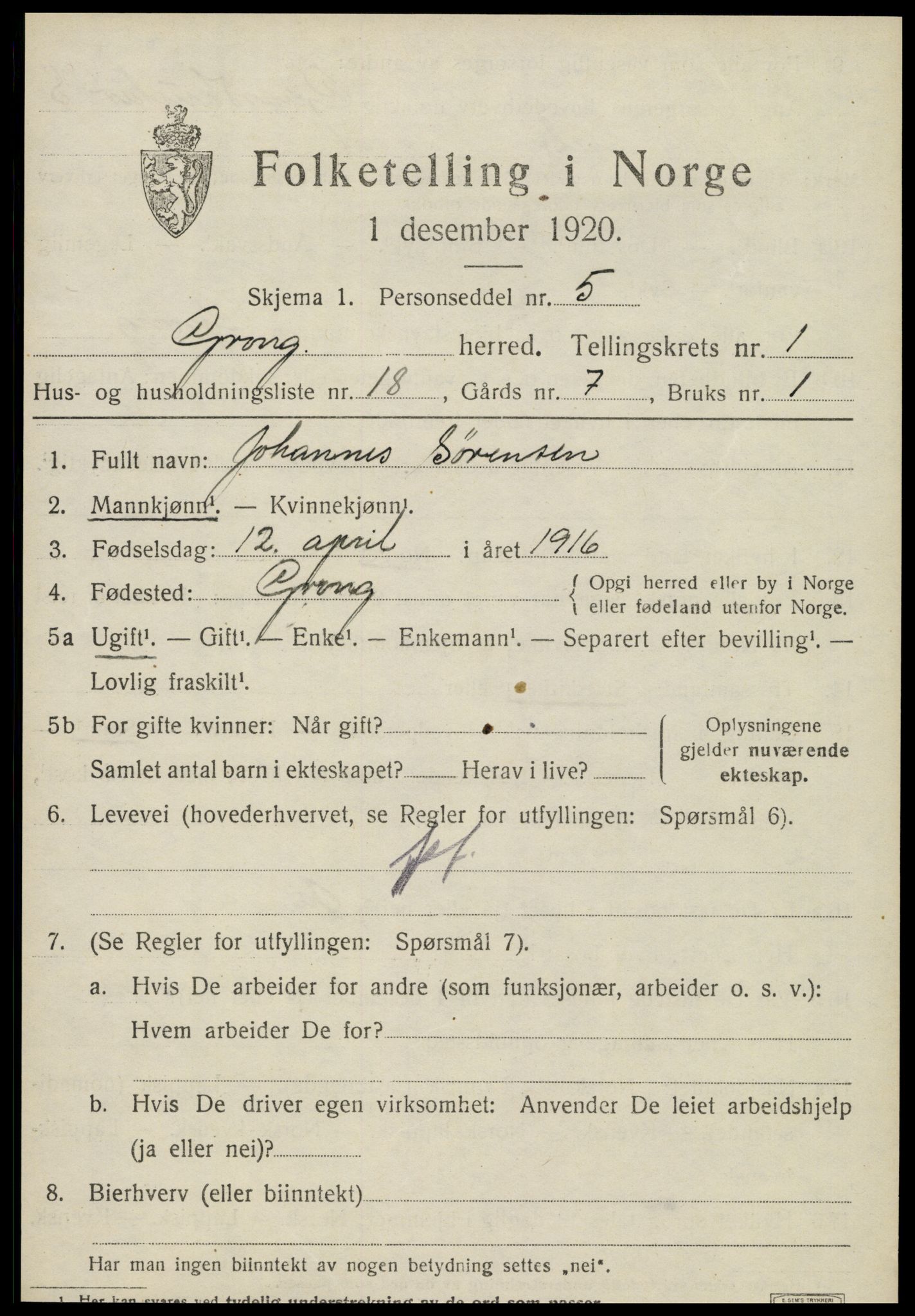 SAT, 1920 census for Grong, 1920, p. 1255