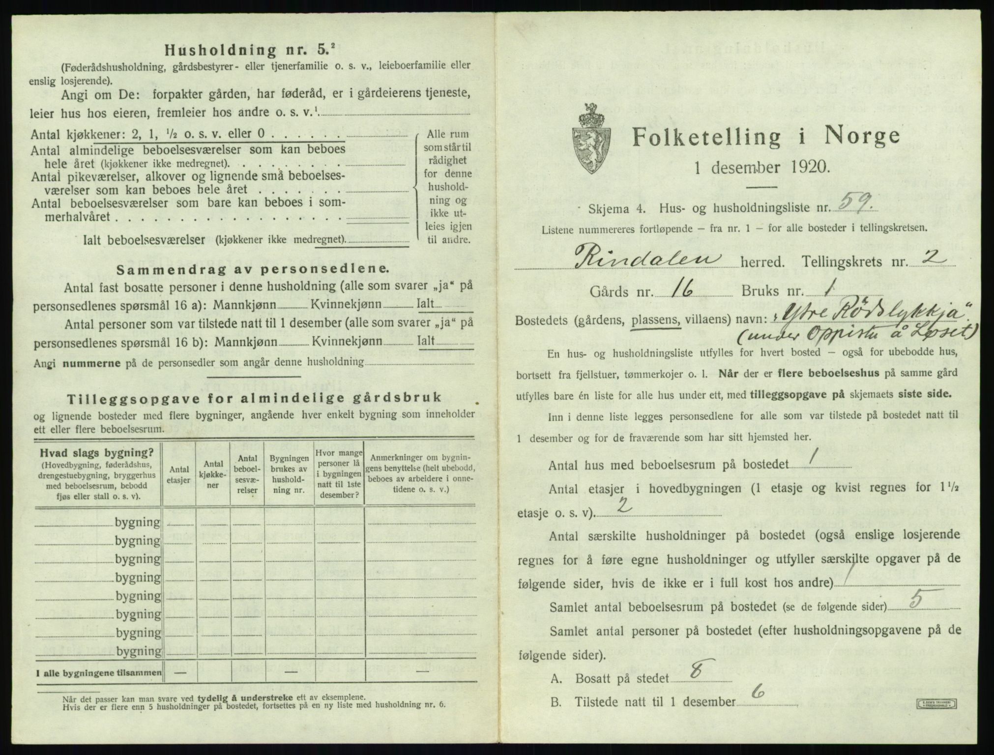 SAT, 1920 census for Rindal, 1920, p. 180