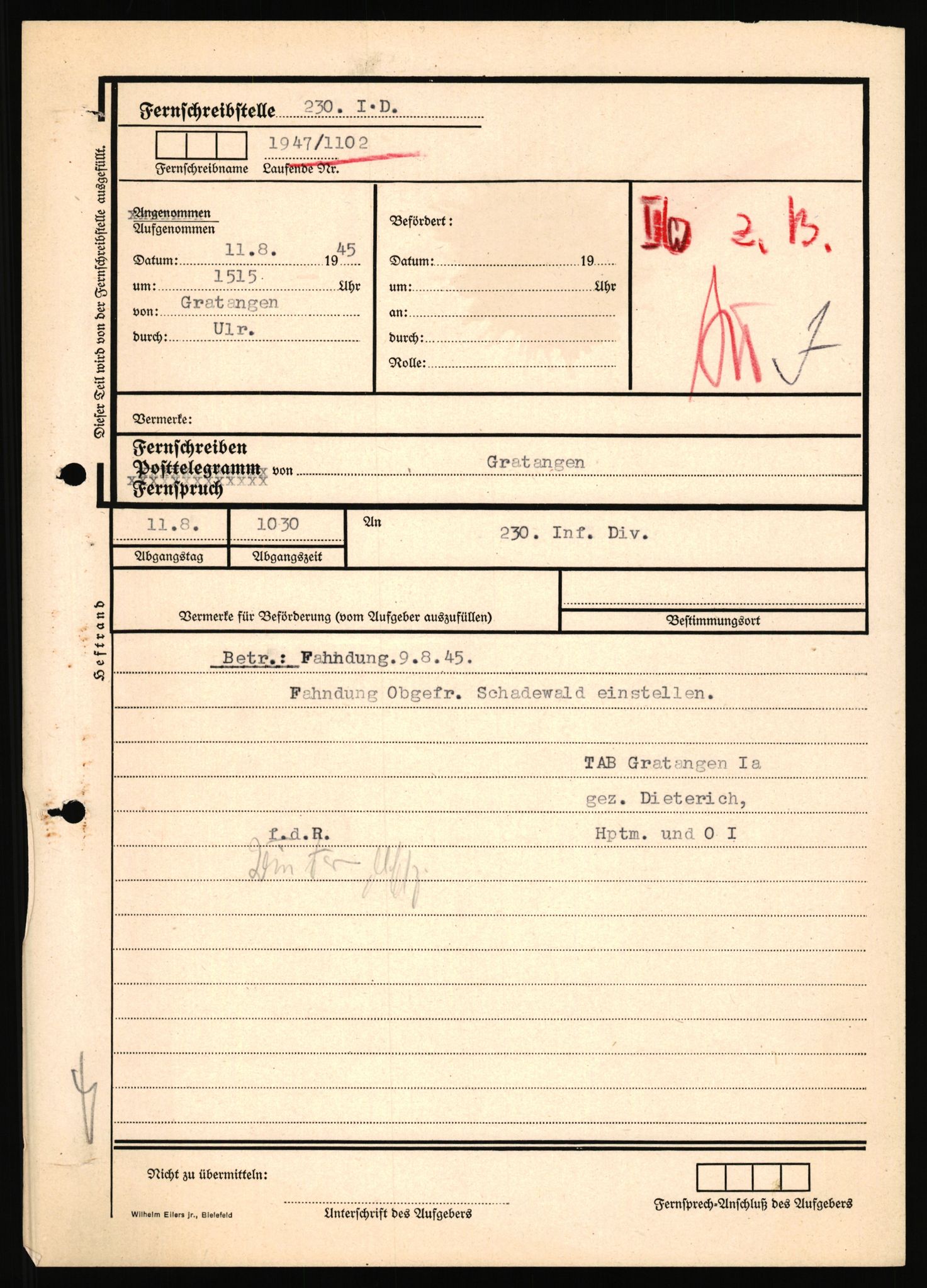 Deutscher Oberbefehlshaber Norwegen (DOBN), AV/RA-RAFA-2197/D/Doa/L0259/0003: DBZ Tromsø TAB Bodø / Tromsø, Geheim!, Fahndungsakte, 1945