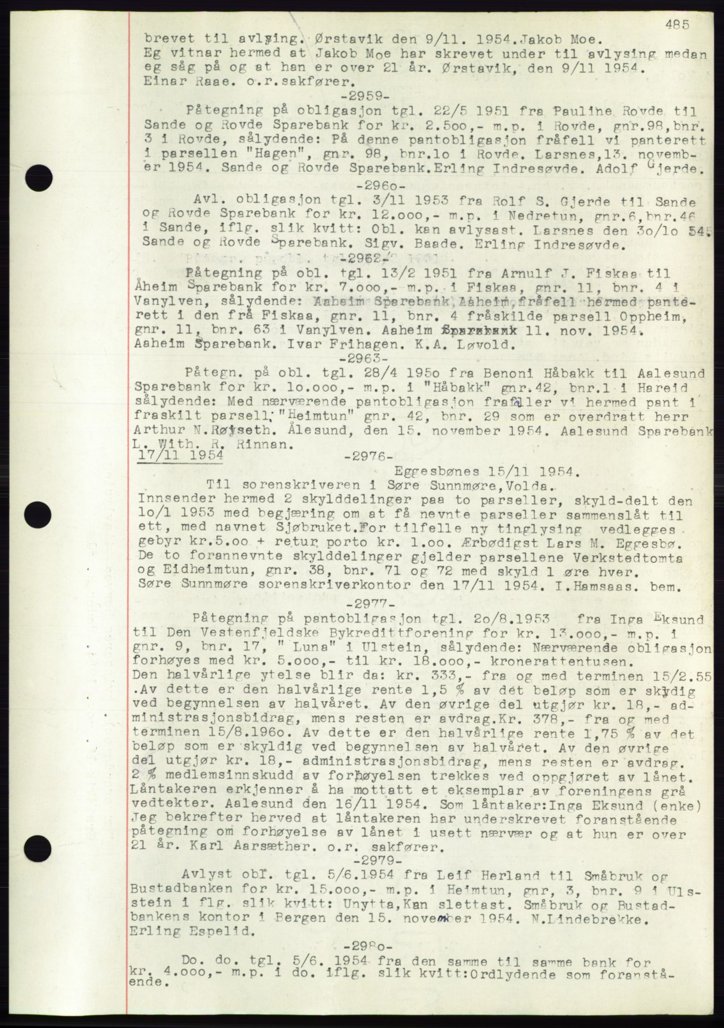 Søre Sunnmøre sorenskriveri, AV/SAT-A-4122/1/2/2C/L0072: Mortgage book no. 66, 1941-1955, Diary no: : 2959/1954