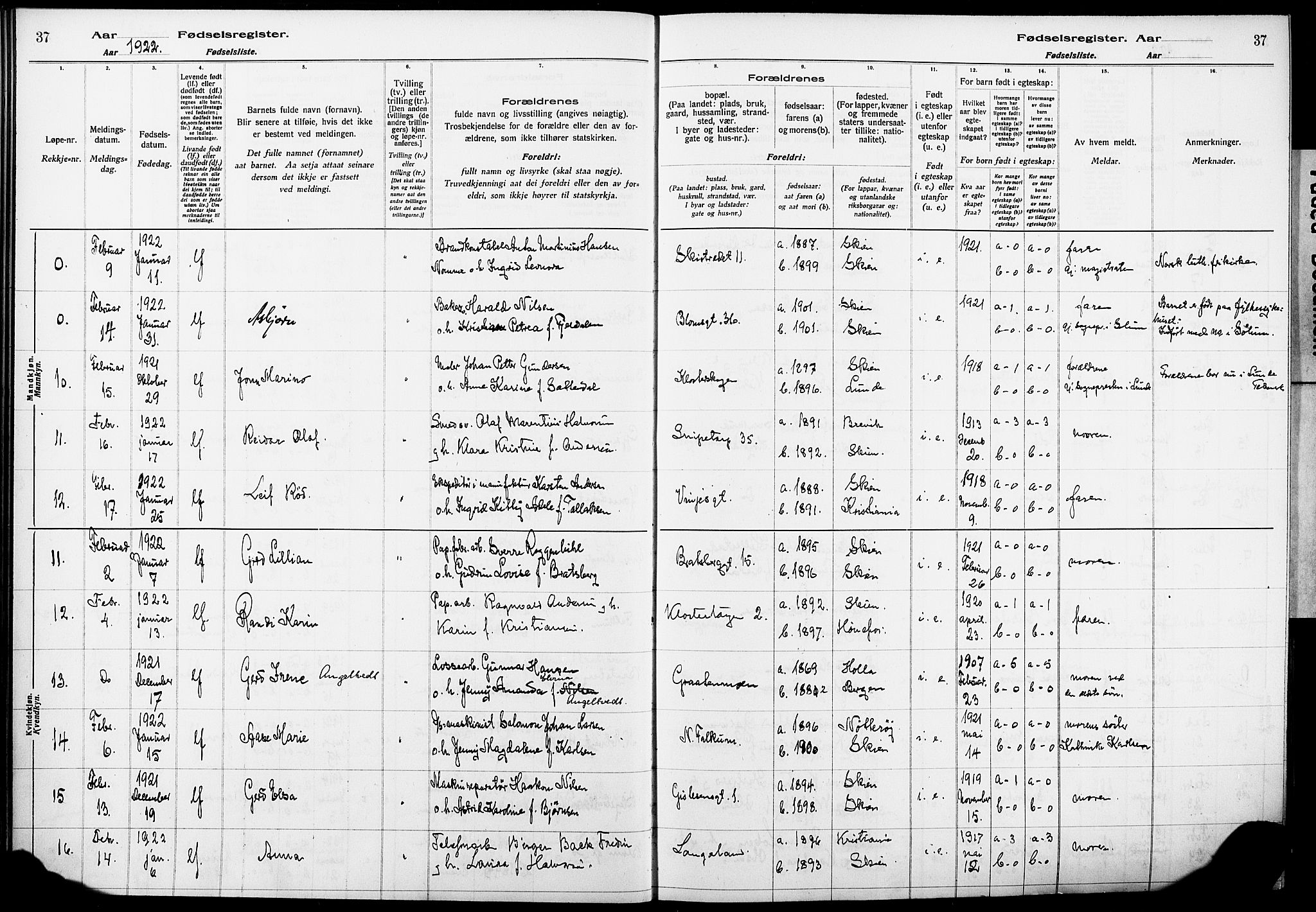 Skien kirkebøker, AV/SAKO-A-302/J/Ja/L0002: Birth register no. 2, 1921-1927, p. 37