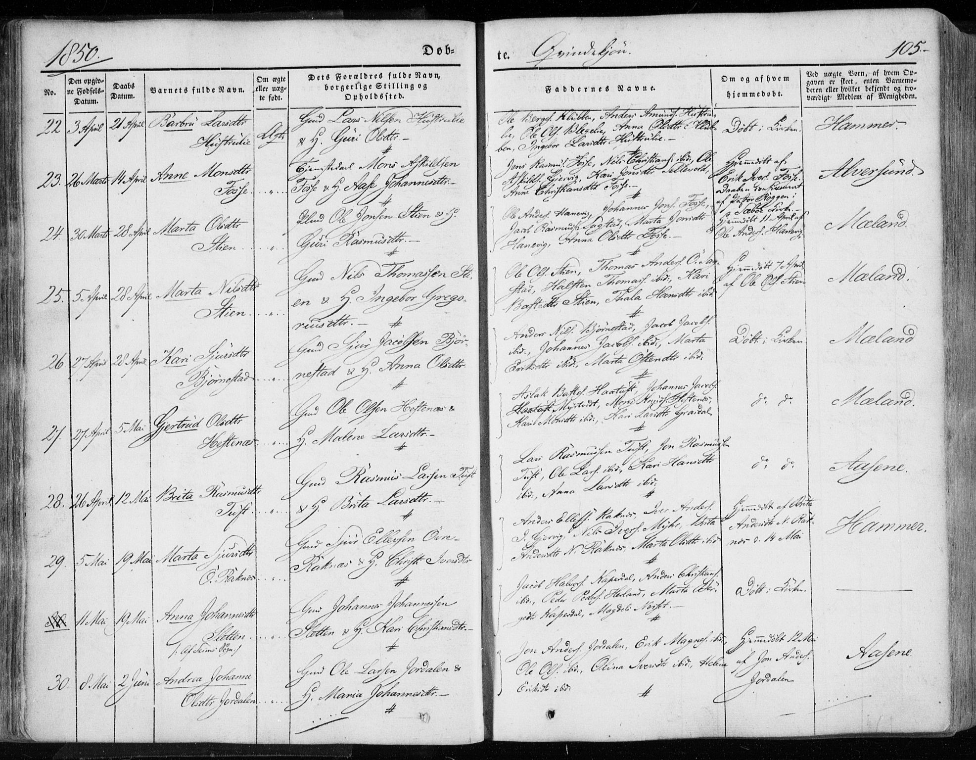 Hamre sokneprestembete, AV/SAB-A-75501/H/Ha/Haa/Haaa/L0013: Parish register (official) no. A 13, 1846-1857, p. 105