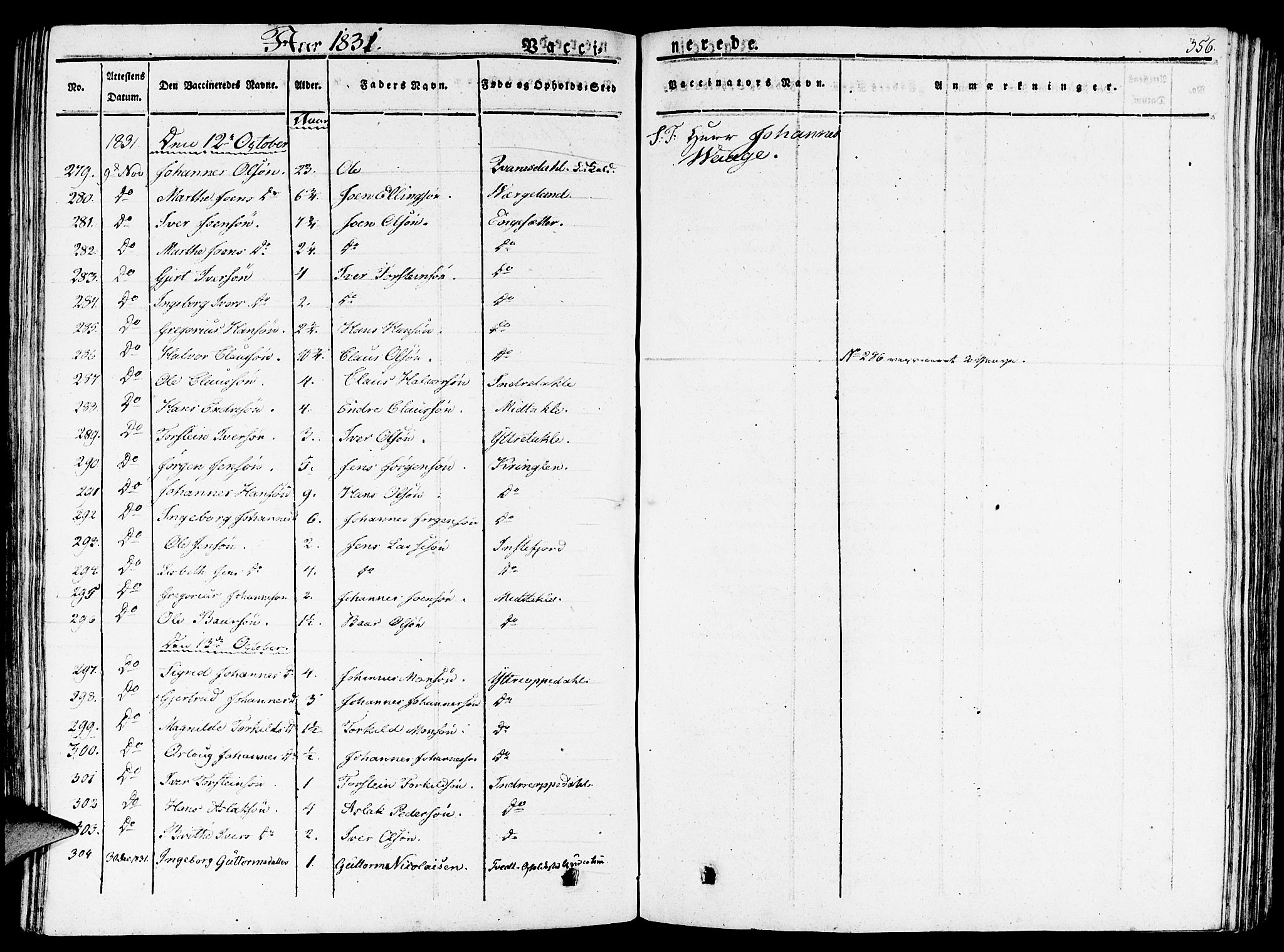 Gulen sokneprestembete, AV/SAB-A-80201/H/Haa/Haaa/L0019: Parish register (official) no. A 19, 1826-1836, p. 356