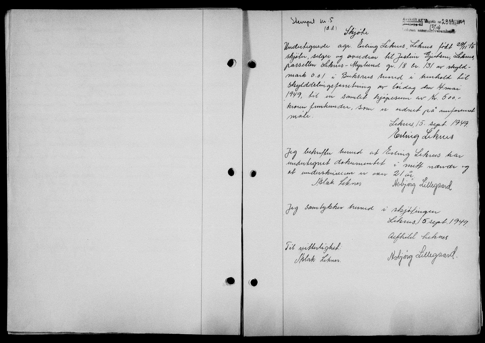 Lofoten sorenskriveri, SAT/A-0017/1/2/2C/L0022a: Mortgage book no. 22a, 1949-1950, Diary no: : 2389/1949