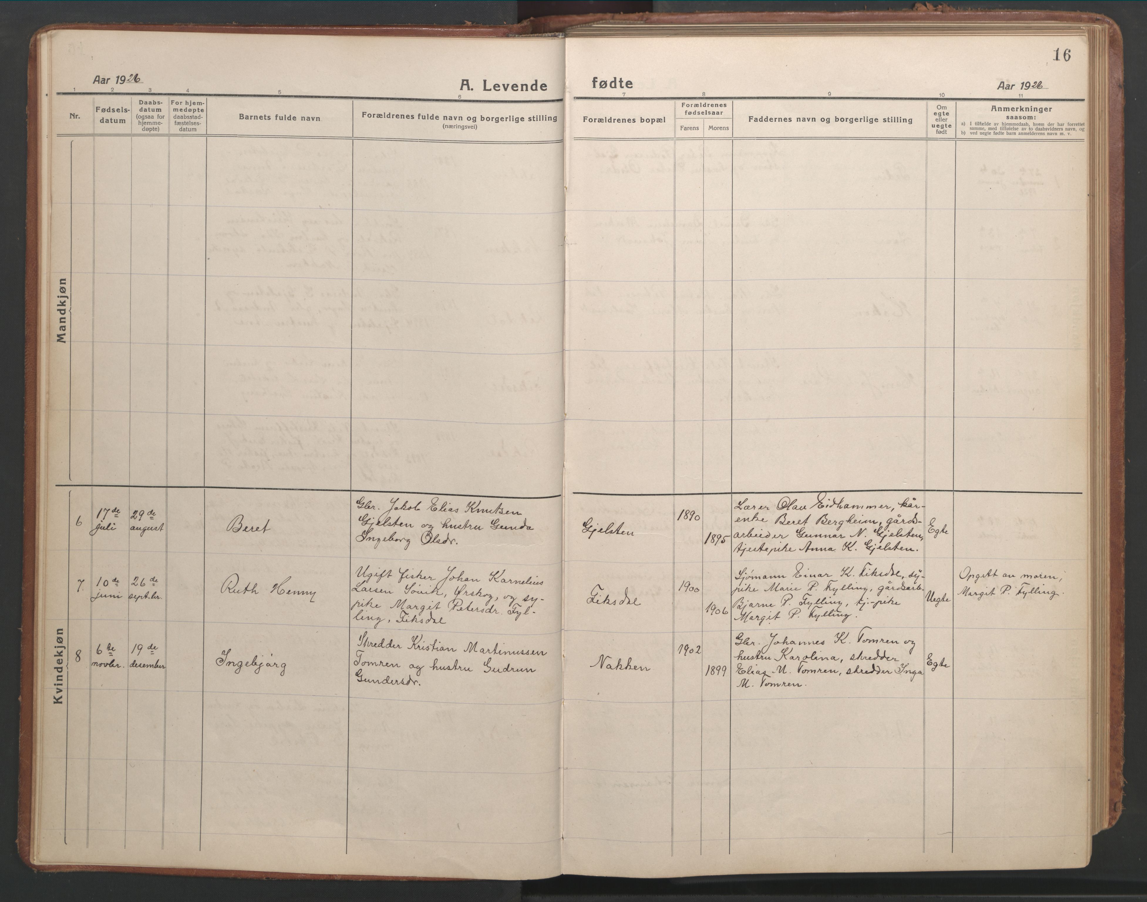 Ministerialprotokoller, klokkerbøker og fødselsregistre - Møre og Romsdal, SAT/A-1454/540/L0542: Parish register (copy) no. 540C02, 1921-1967, p. 16