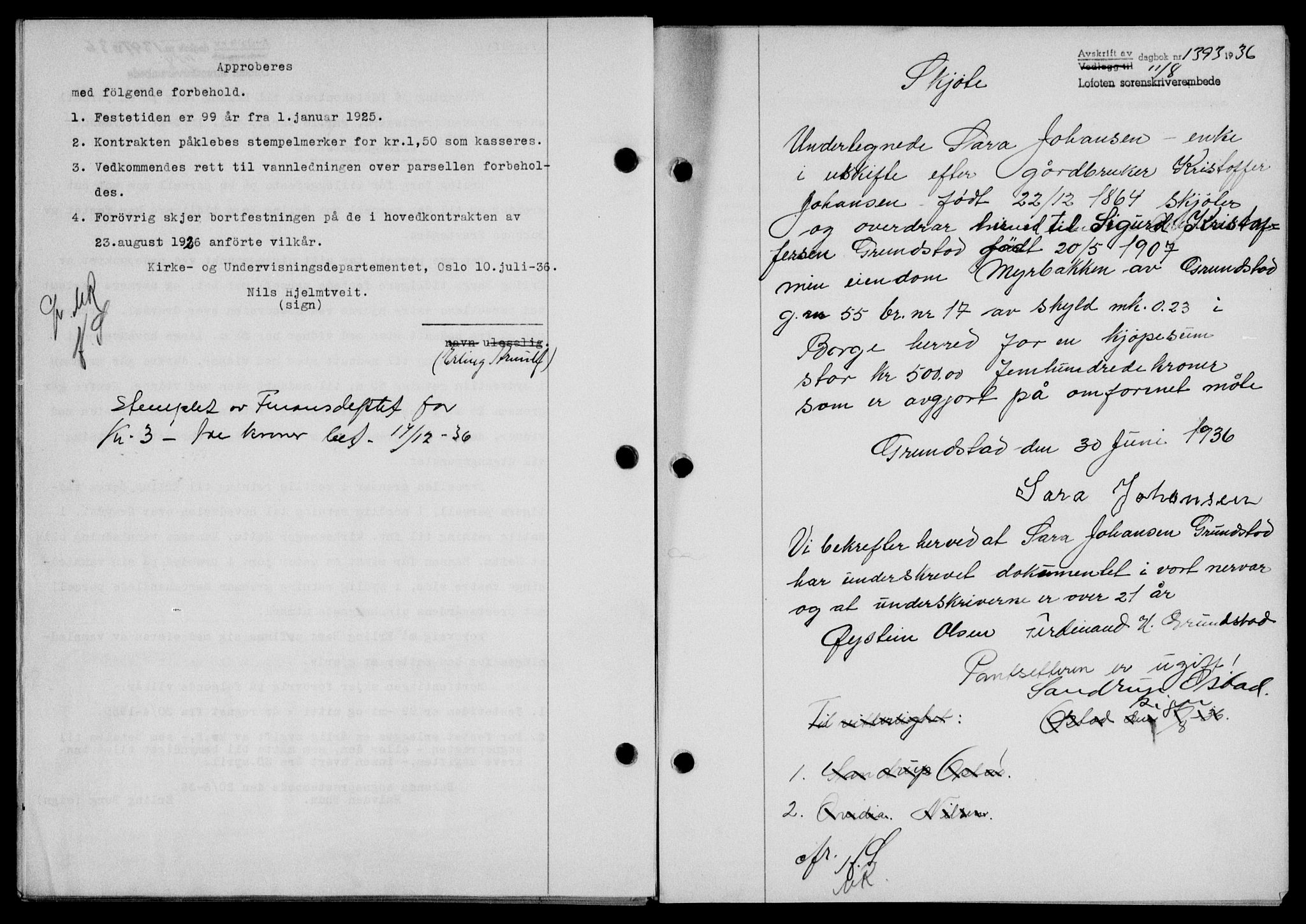 Lofoten sorenskriveri, SAT/A-0017/1/2/2C/L0001a: Mortgage book no. 1a, 1936-1937, Diary no: : 1392/1936