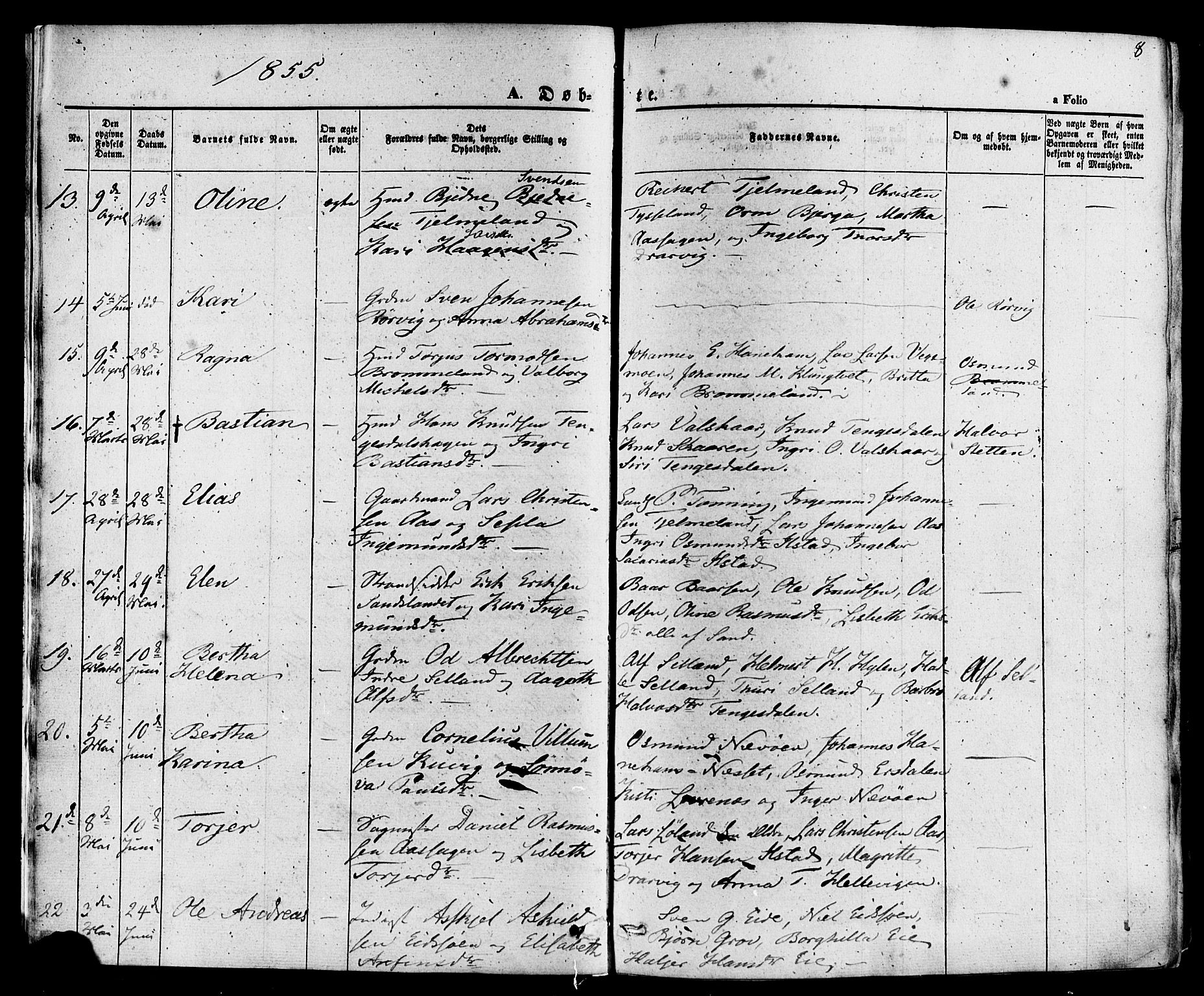 Sand sokneprestkontor, AV/SAST-A-101848/01/III/L0003: Parish register (official) no. A 3, 1854-1879, p. 8