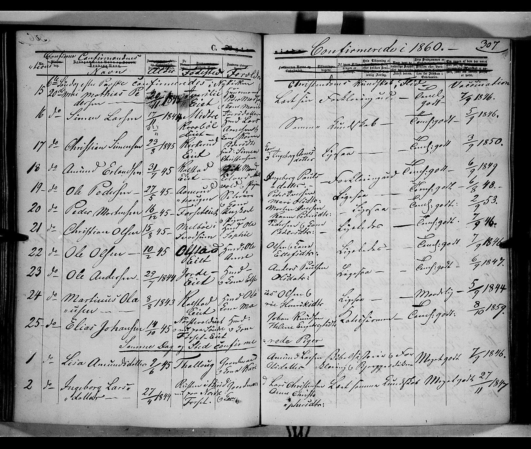 Gausdal prestekontor, SAH/PREST-090/H/Ha/Haa/L0008: Parish register (official) no. 8, 1850-1861, p. 307