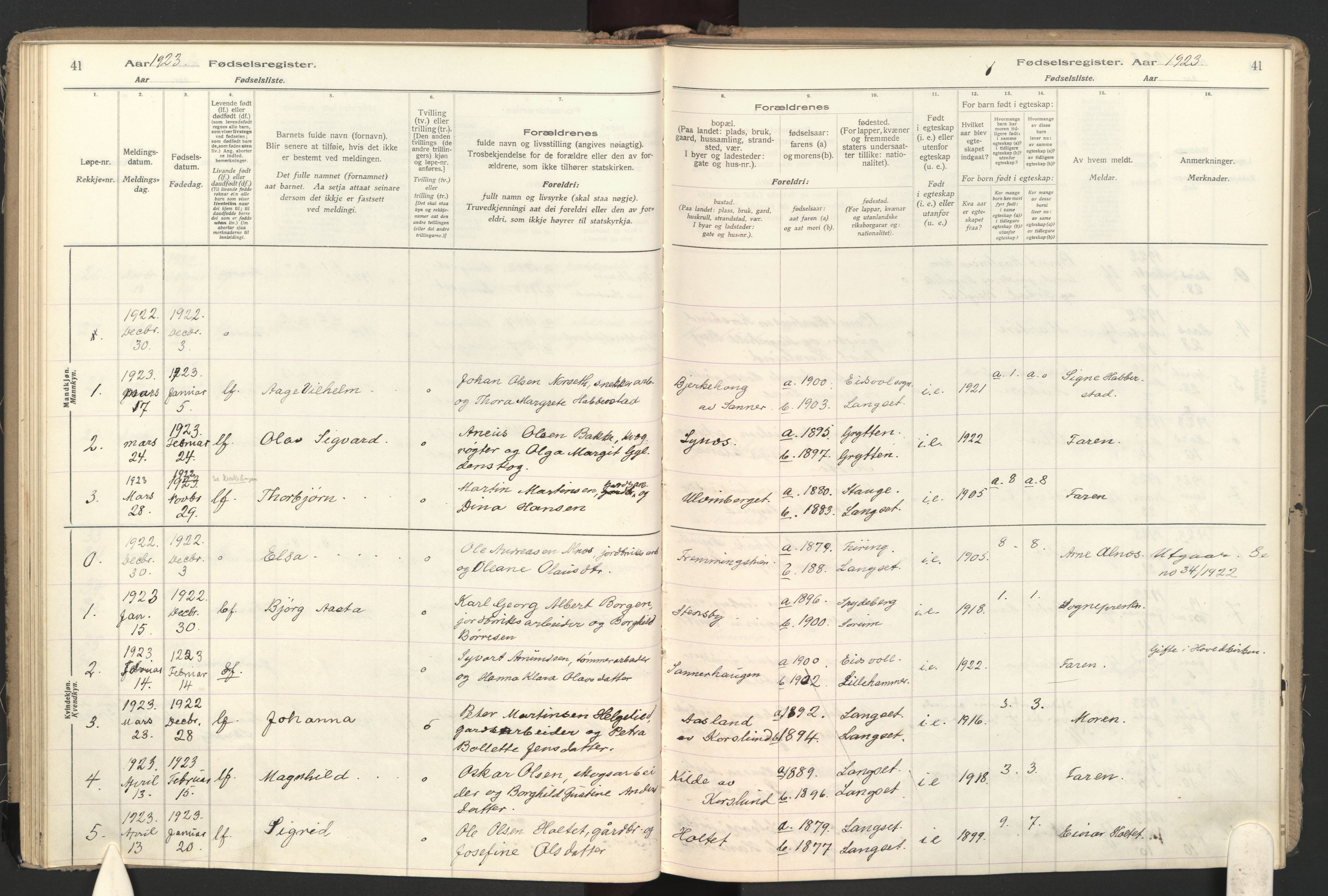 Eidsvoll prestekontor Kirkebøker, SAO/A-10888: Birth register no. II 1, 1916-1959, p. 41