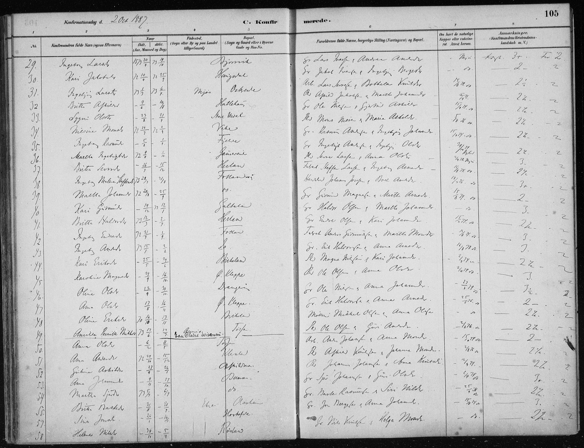 Hosanger sokneprestembete, AV/SAB-A-75801/H/Haa: Parish register (official) no. B  1, 1880-1896, p. 105