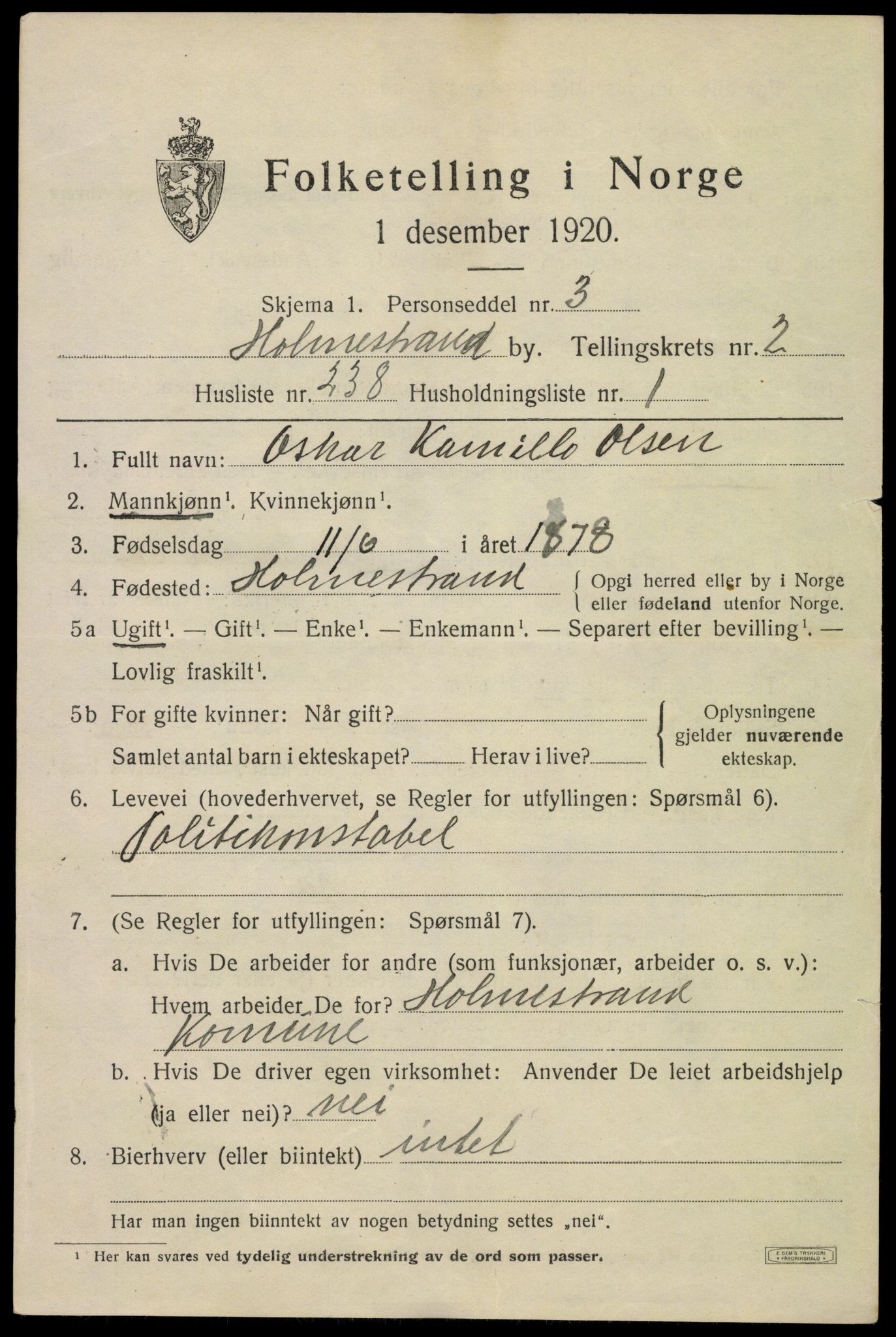 SAKO, 1920 census for Holmestrand, 1920, p. 3974