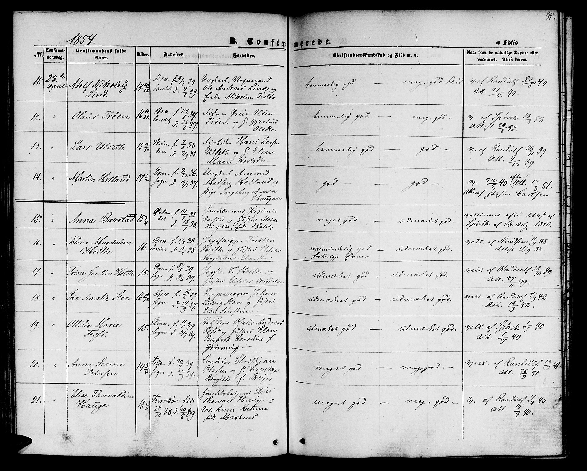 Ministerialprotokoller, klokkerbøker og fødselsregistre - Sør-Trøndelag, SAT/A-1456/604/L0184: Parish register (official) no. 604A05, 1851-1860, p. 85