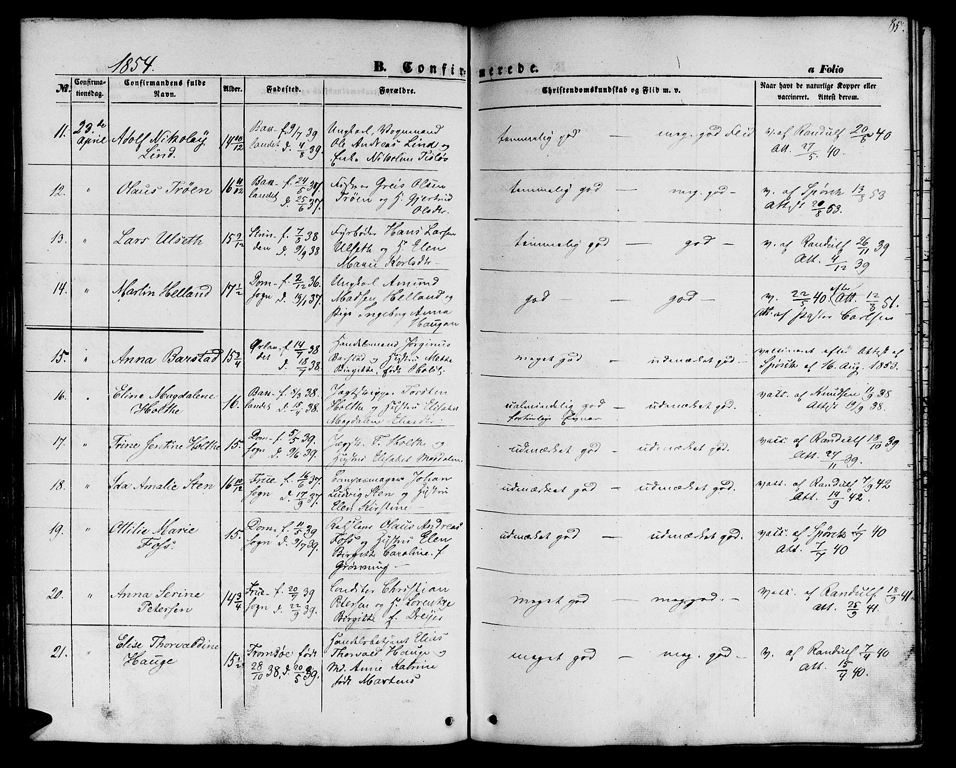 Ministerialprotokoller, klokkerbøker og fødselsregistre - Sør-Trøndelag, AV/SAT-A-1456/604/L0184: Parish register (official) no. 604A05, 1851-1860, p. 85