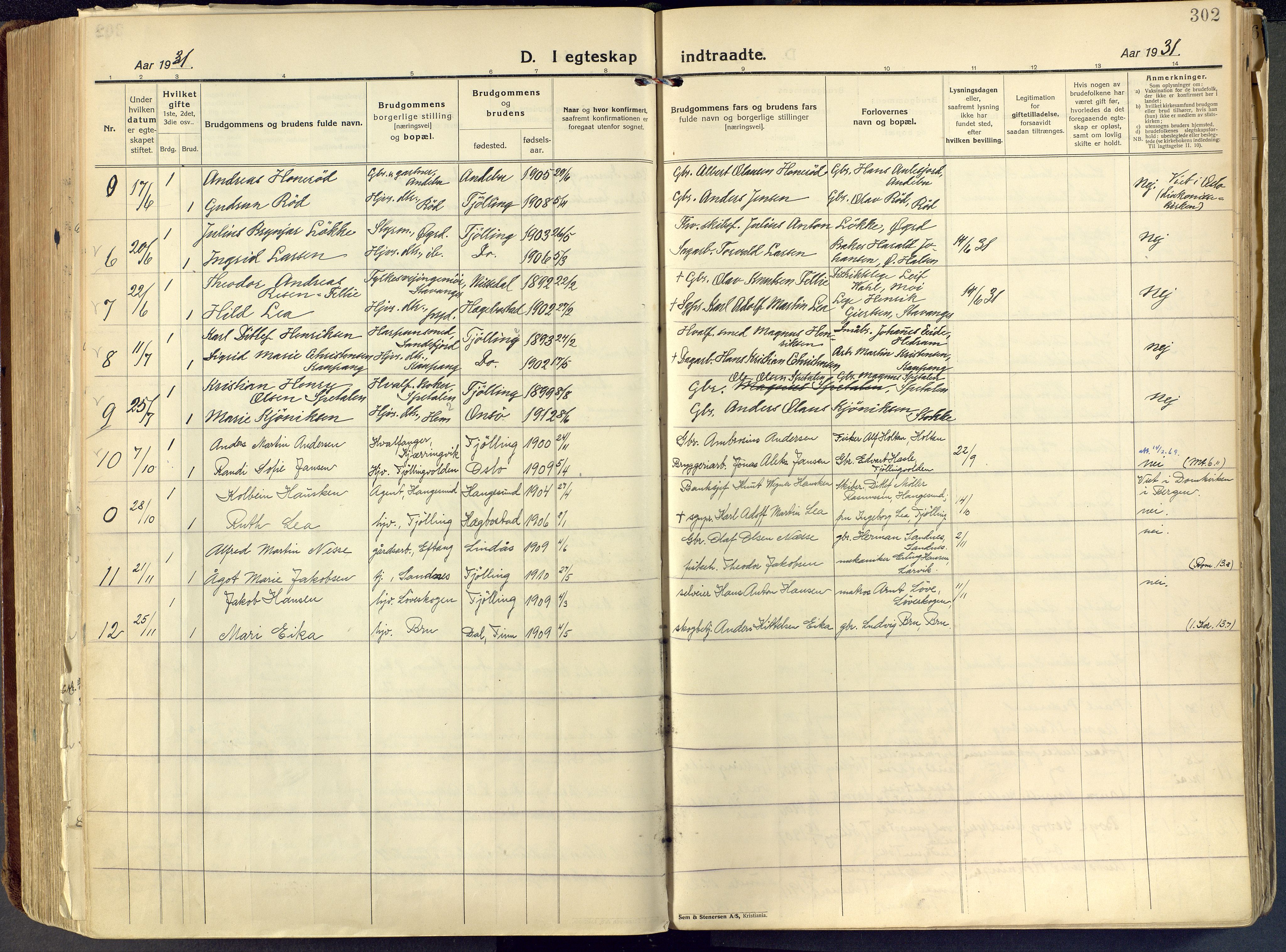 Tjølling kirkebøker, AV/SAKO-A-60/F/Fa/L0011: Parish register (official) no. 11, 1924-1943, p. 302