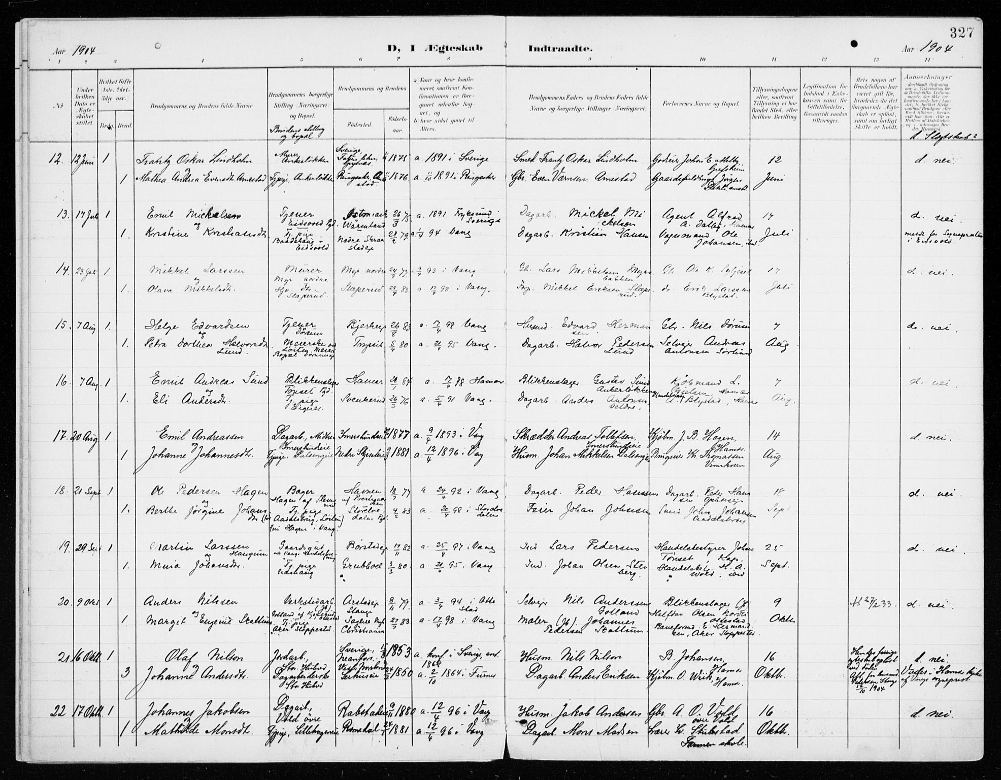 Vang prestekontor, Hedmark, AV/SAH-PREST-008/H/Ha/Haa/L0021: Parish register (official) no. 21, 1902-1917, p. 327