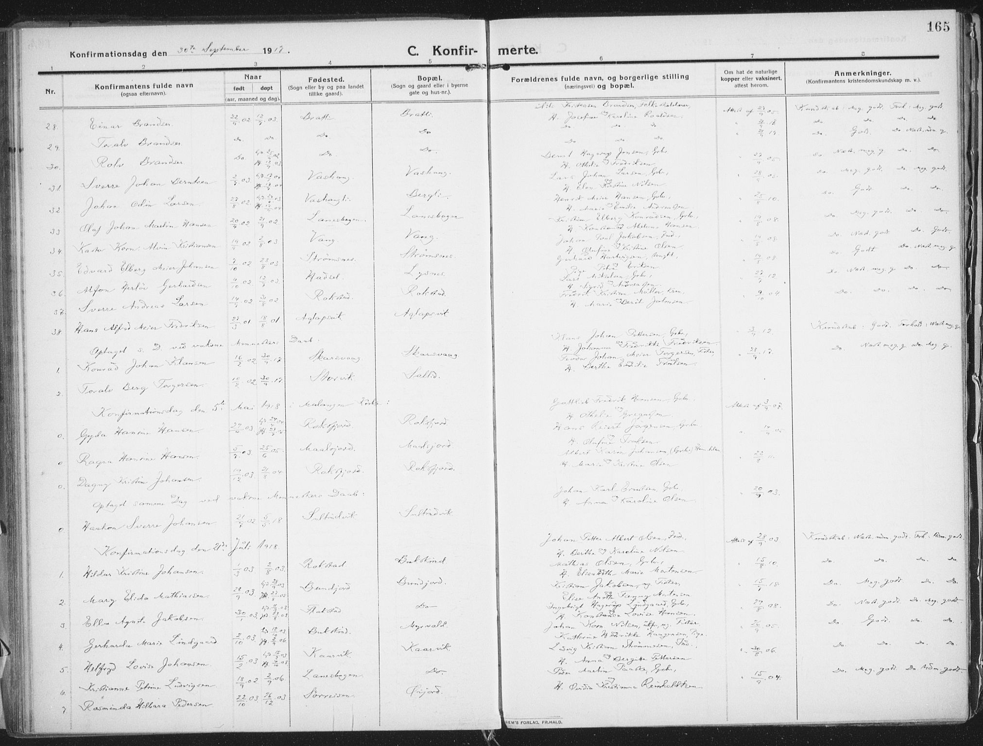 Lenvik sokneprestembete, SATØ/S-1310/H/Ha/Haa/L0016kirke: Parish register (official) no. 16, 1910-1924, p. 165