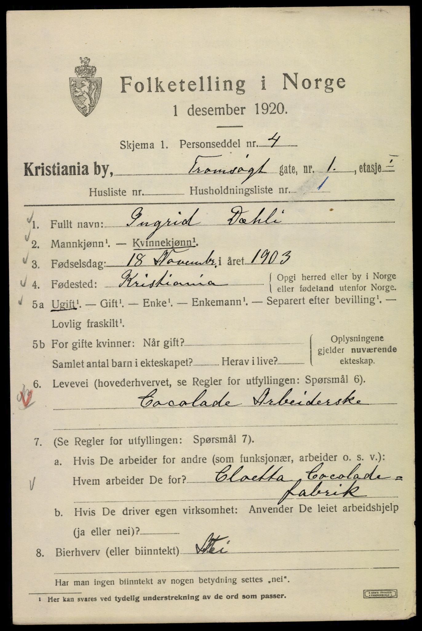 SAO, 1920 census for Kristiania, 1920, p. 597009