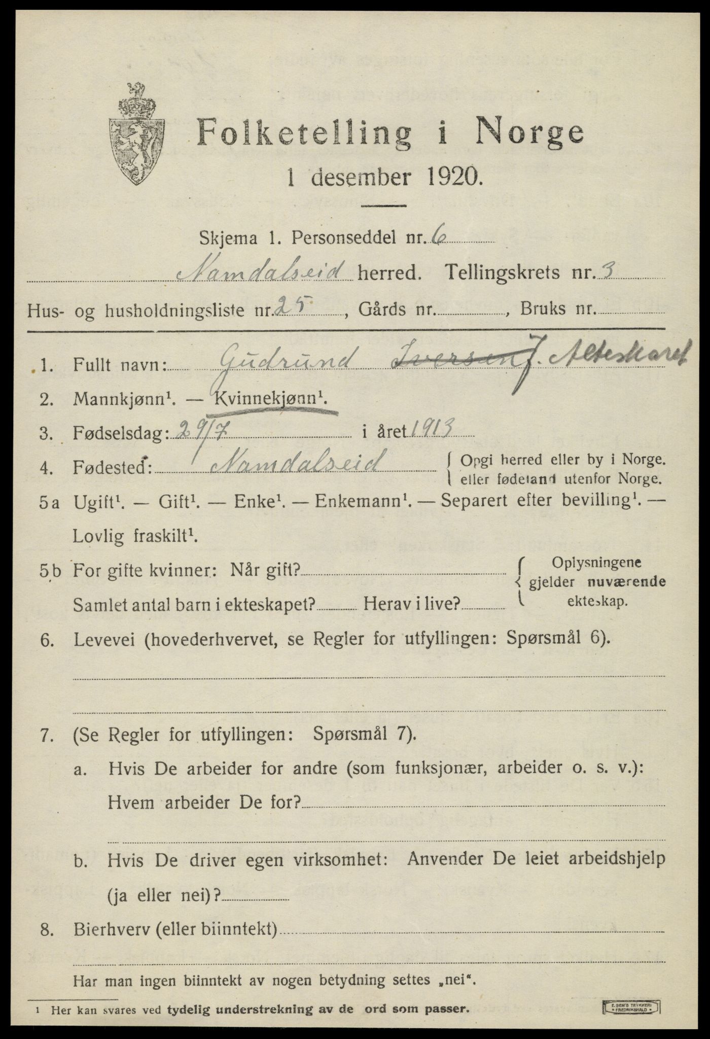 SAT, 1920 census for Namdalseid, 1920, p. 2586