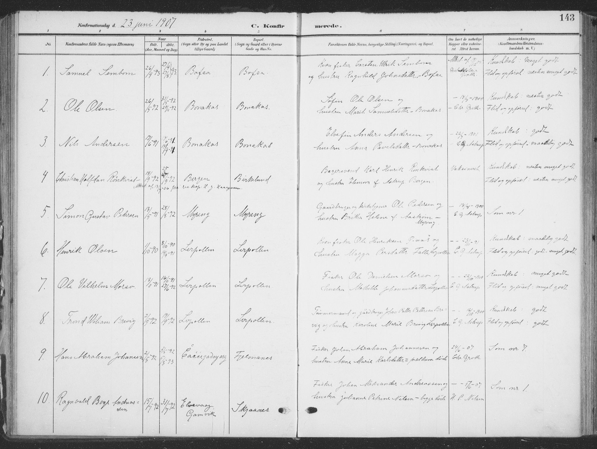 Tana sokneprestkontor, SATØ/S-1334/H/Ha/L0007kirke: Parish register (official) no. 7, 1904-1918, p. 143