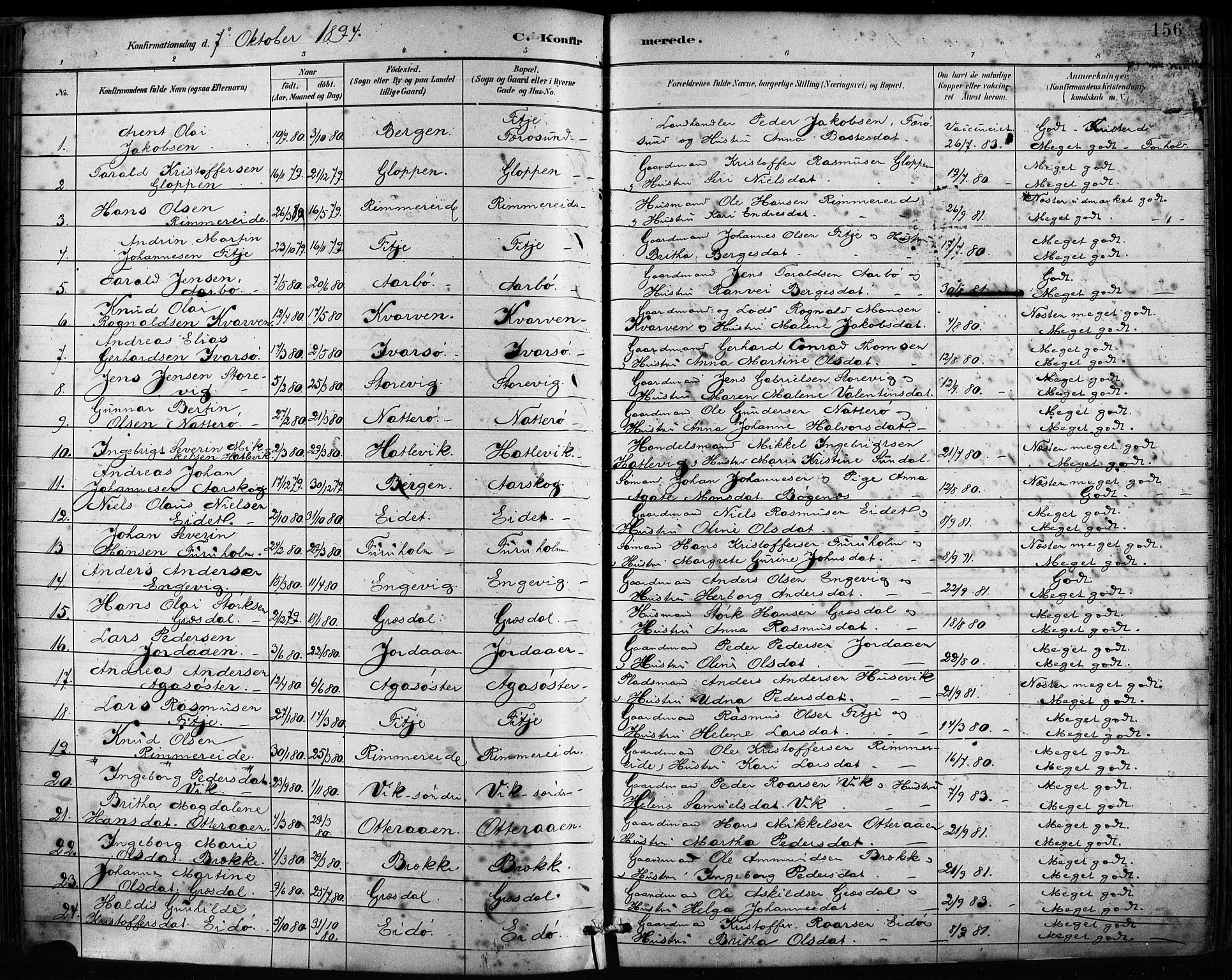 Fitjar sokneprestembete, SAB/A-99926: Parish register (official) no. A 2, 1882-1899, p. 156
