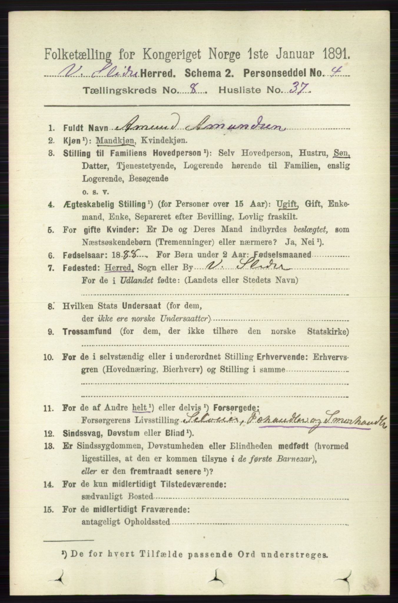 RA, 1891 census for 0543 Vestre Slidre, 1891, p. 3179