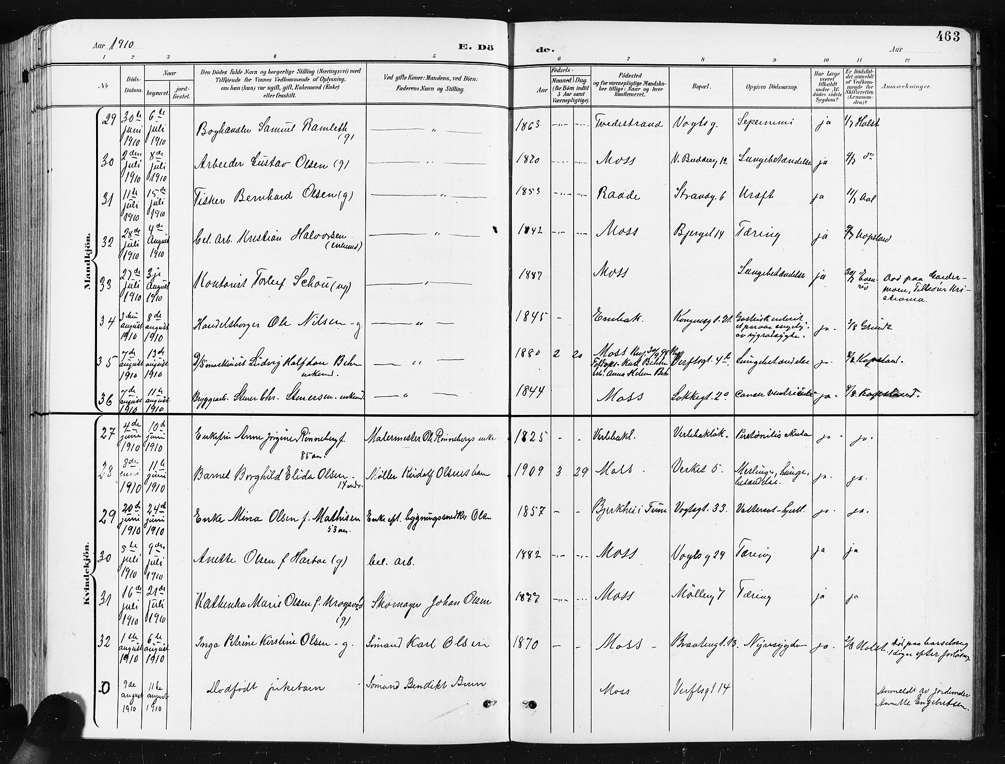 Moss prestekontor Kirkebøker, AV/SAO-A-2003/G/Ga/L0007: Parish register (copy) no. I 7, 1901-1912, p. 463