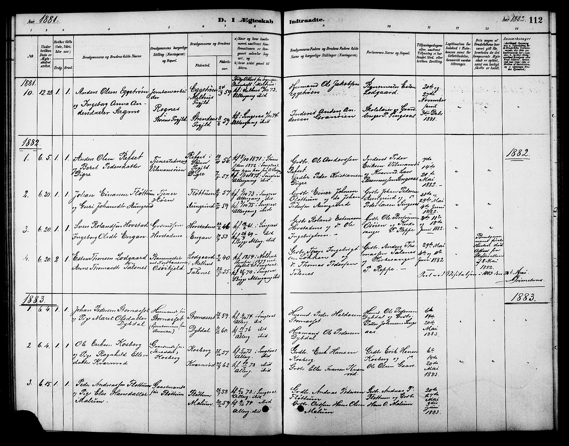 Ministerialprotokoller, klokkerbøker og fødselsregistre - Sør-Trøndelag, AV/SAT-A-1456/688/L1024: Parish register (official) no. 688A01, 1879-1890, p. 112