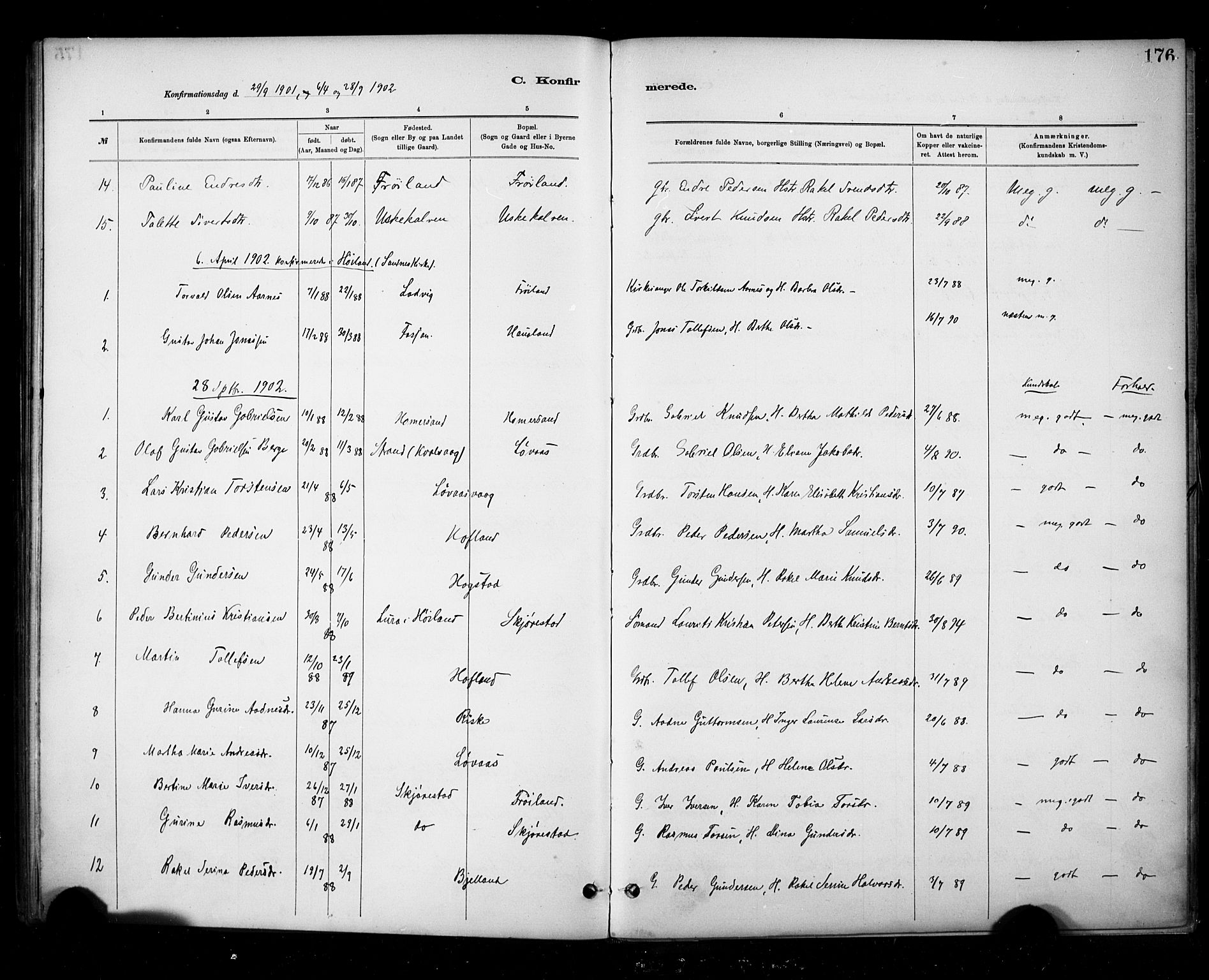 Hetland sokneprestkontor, AV/SAST-A-101826/30/30BA/L0010: Parish register (official) no. A 10, 1882-1925, p. 176