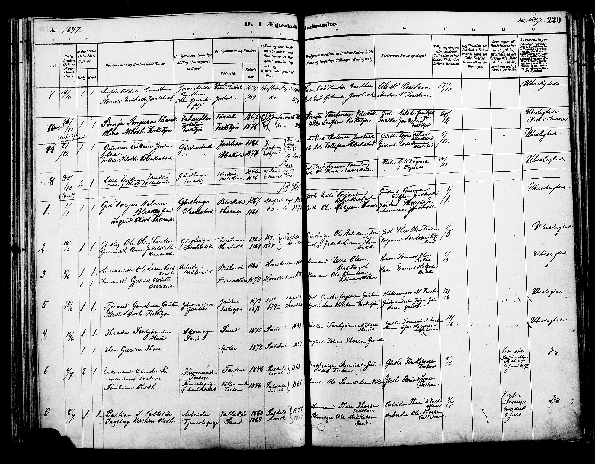 Suldal sokneprestkontor, AV/SAST-A-101845/01/IV/L0011: Parish register (official) no. A 11, 1878-1900, p. 220